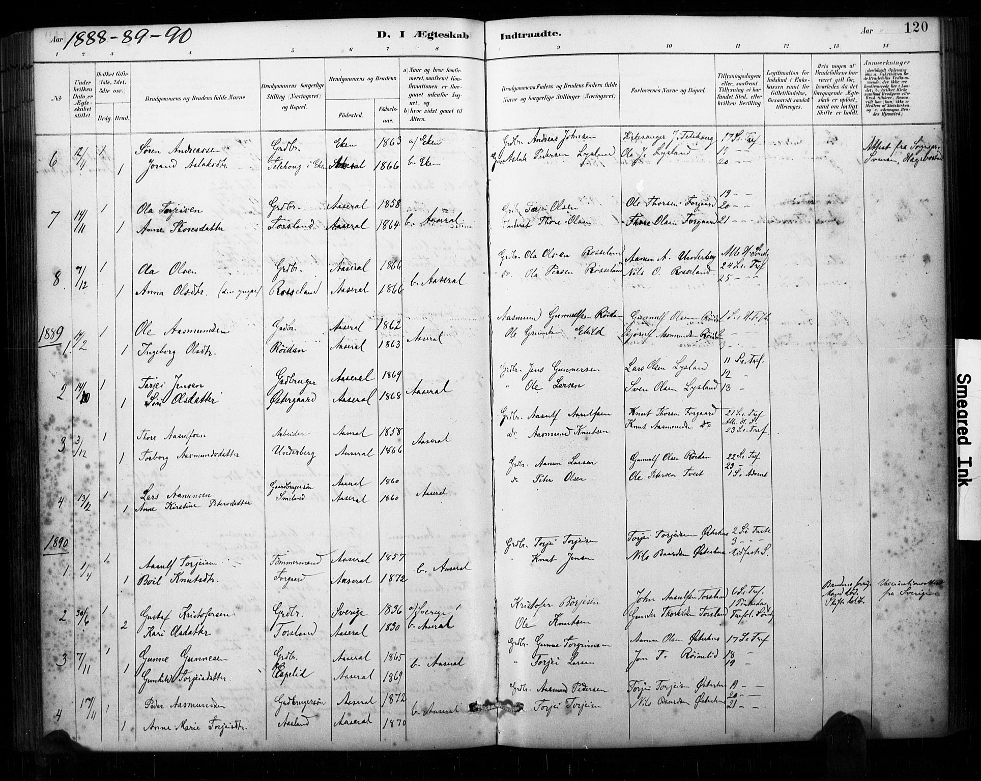Åseral sokneprestkontor, AV/SAK-1111-0051/F/Fa/L0003: Ministerialbok nr. A 3, 1884-1901, s. 120