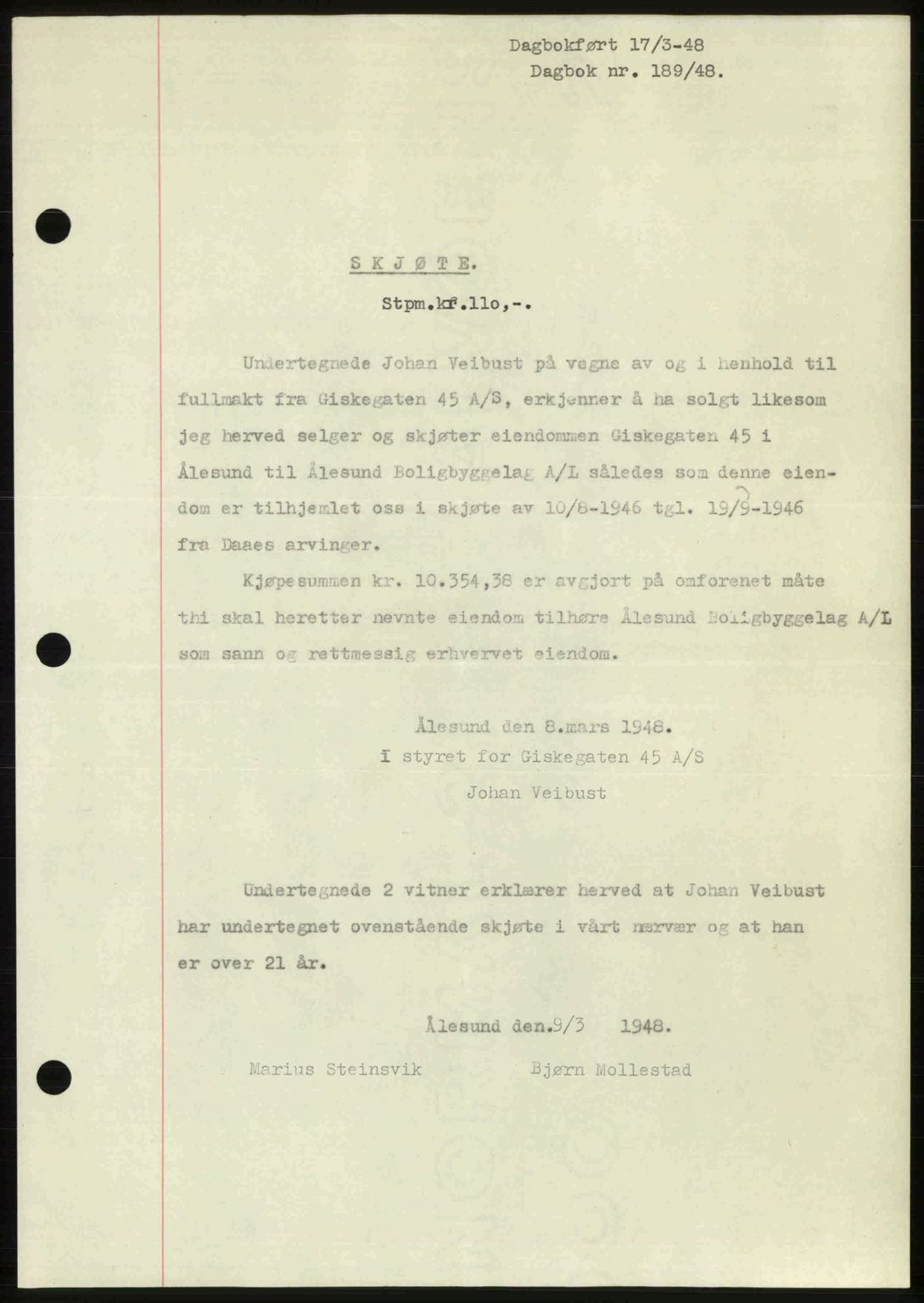 Ålesund byfogd, AV/SAT-A-4384: Pantebok nr. 37A (1), 1947-1949, Dagboknr: 189/1948