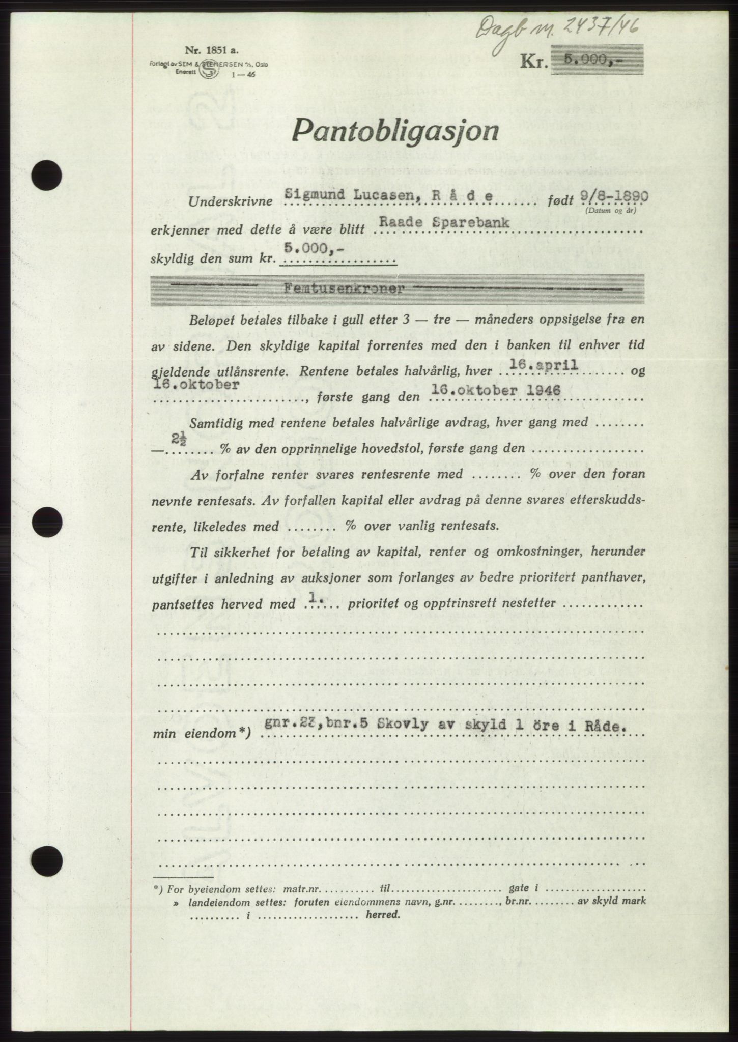 Moss sorenskriveri, SAO/A-10168: Pantebok nr. B16, 1946-1947, Dagboknr: 2437/1946