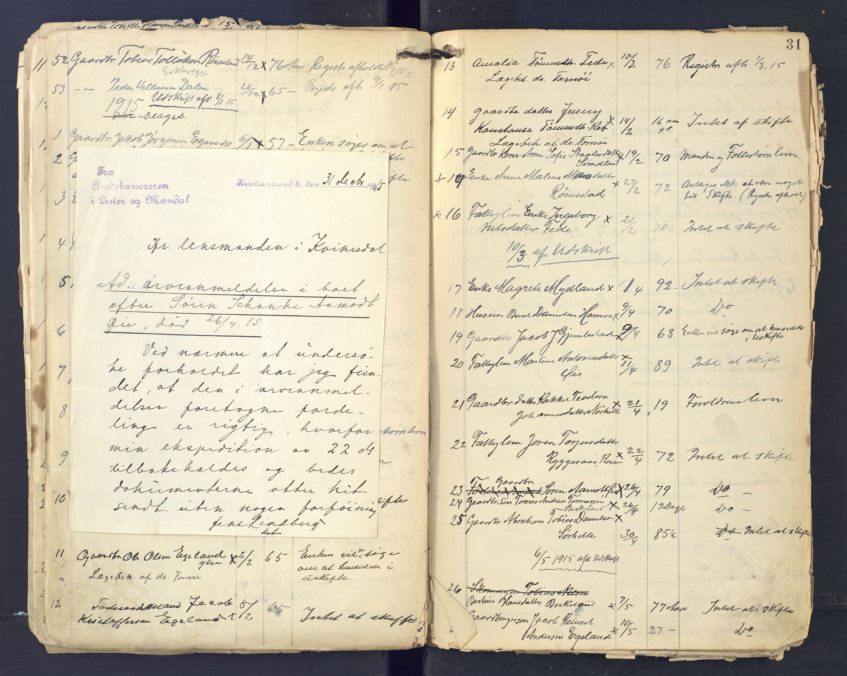 Kvinesdal lensmannskontor, AV/SAK-1241-0026/F/Fe/L0001: Dødsfallsprotokoll nr A21, 1899-1919, s. 31