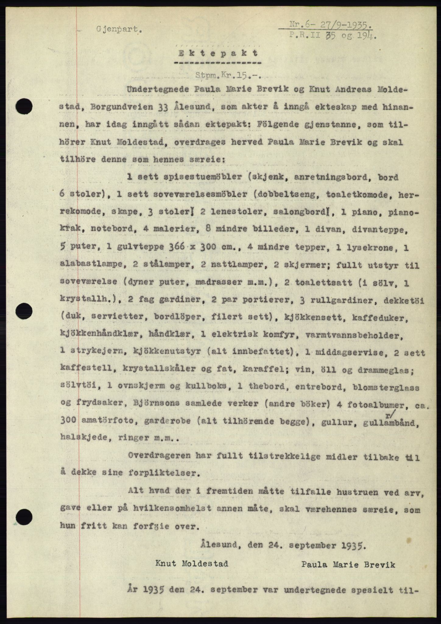 Ålesund byfogd, AV/SAT-A-4384: Pantebok nr. 32, 1934-1935, Tingl.dato: 27.09.1935