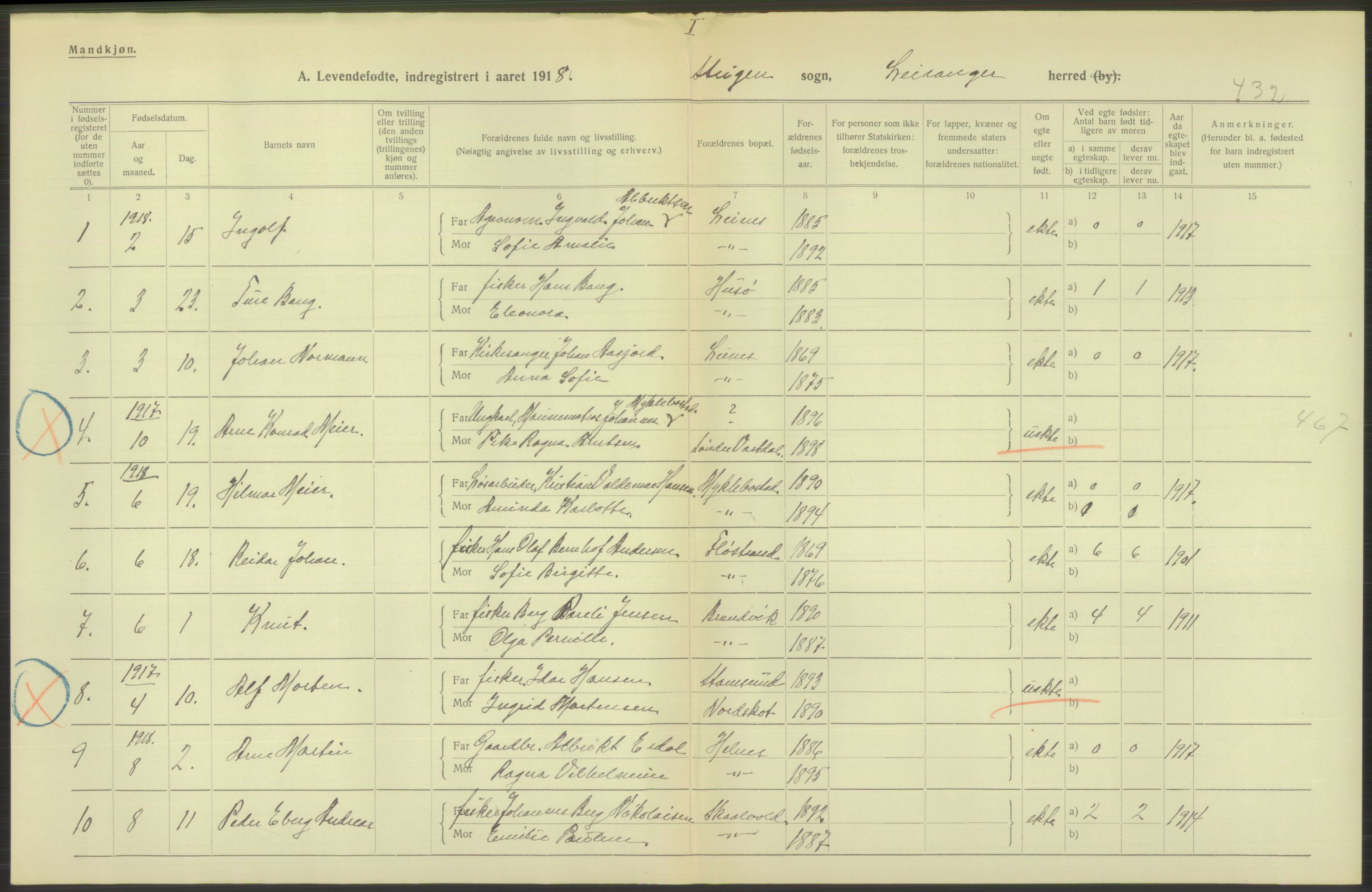 Statistisk sentralbyrå, Sosiodemografiske emner, Befolkning, AV/RA-S-2228/D/Df/Dfb/Dfbh/L0052: Nordland fylke: Levendefødte menn og kvinner. Bygder., 1918, s. 452