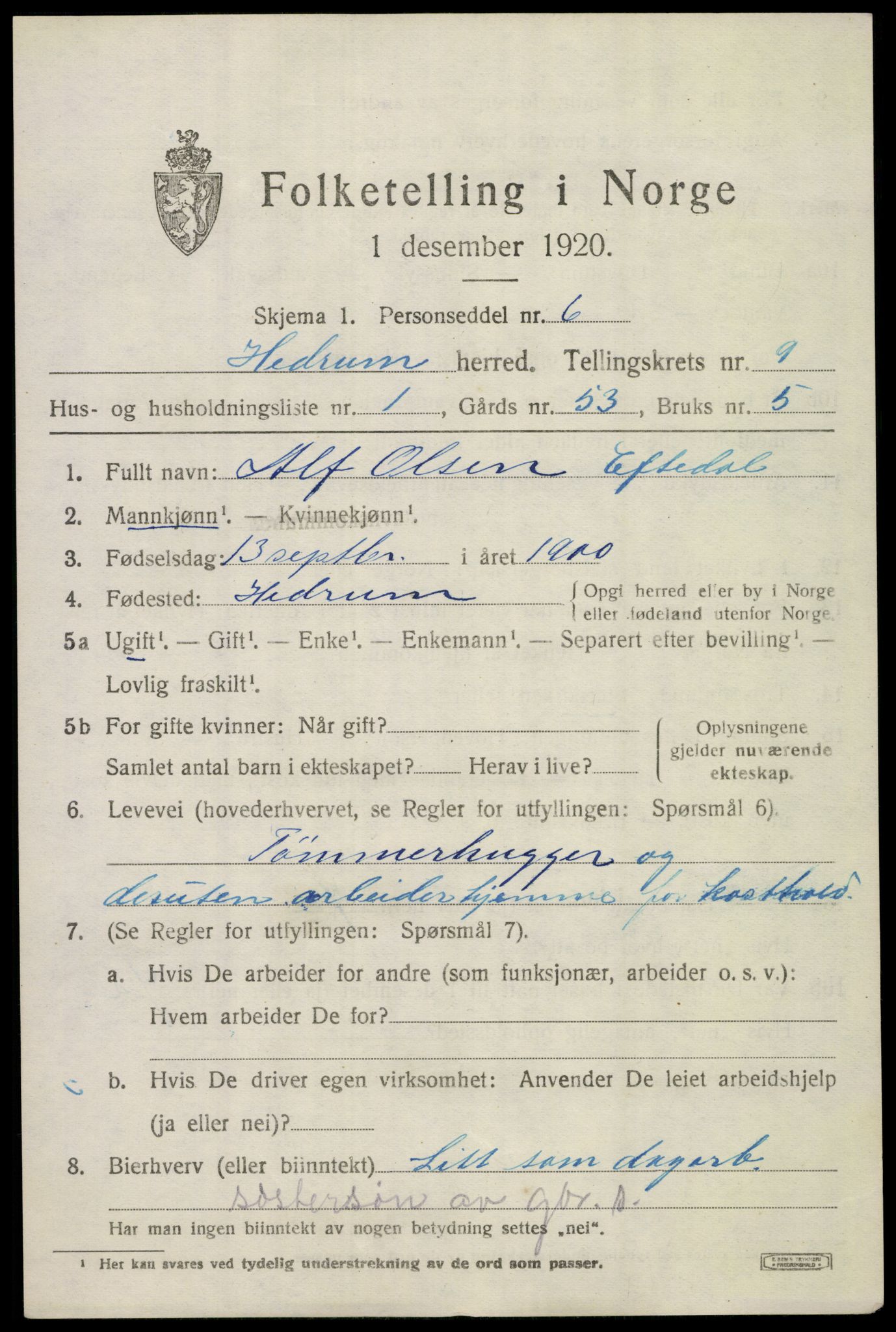 SAKO, Folketelling 1920 for 0727 Hedrum herred, 1920, s. 6813