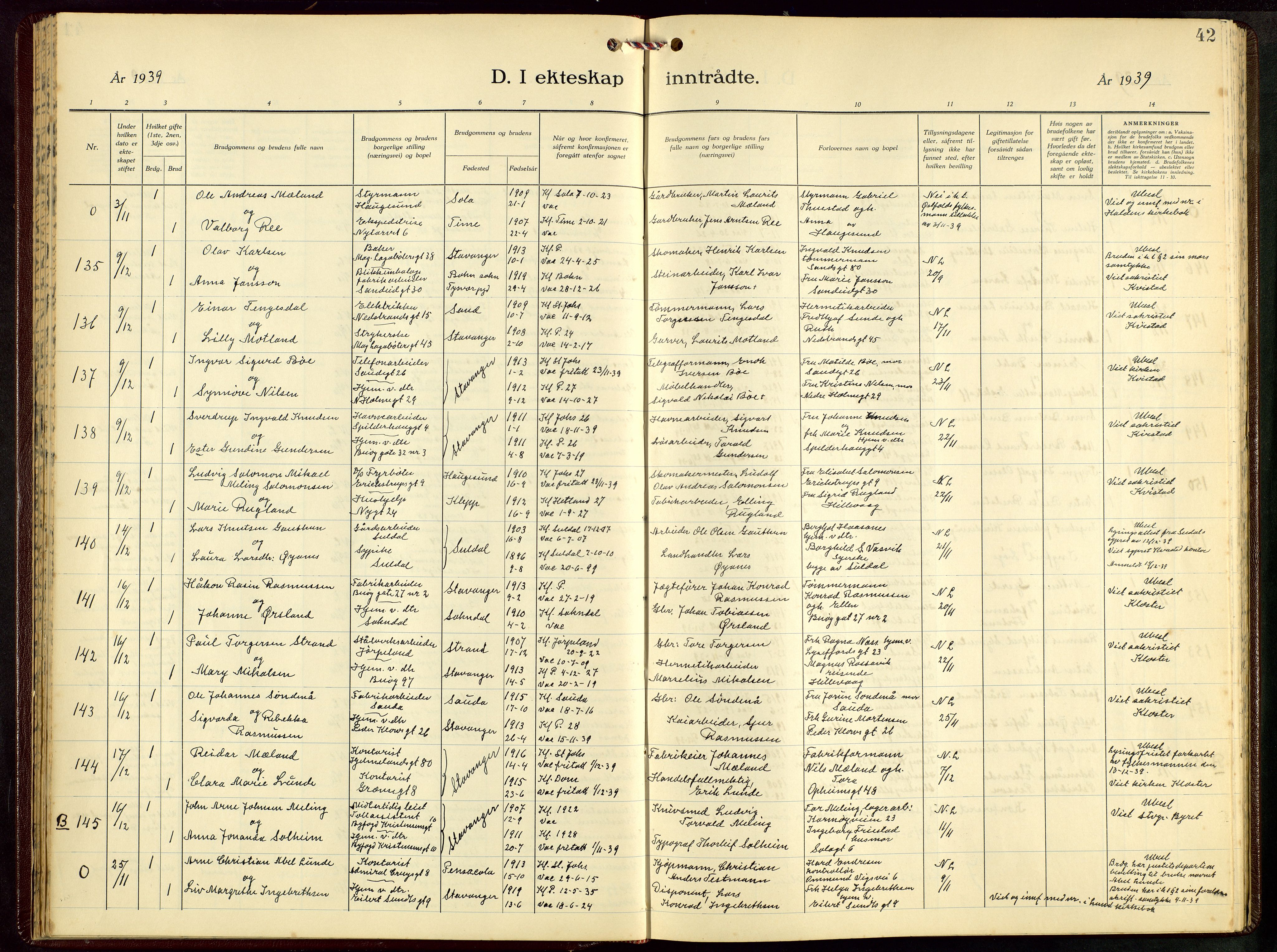 St. Petri sokneprestkontor, AV/SAST-A-101813/001/30/30BB/L0012: Klokkerbok nr. B 12, 1936-1951, s. 42