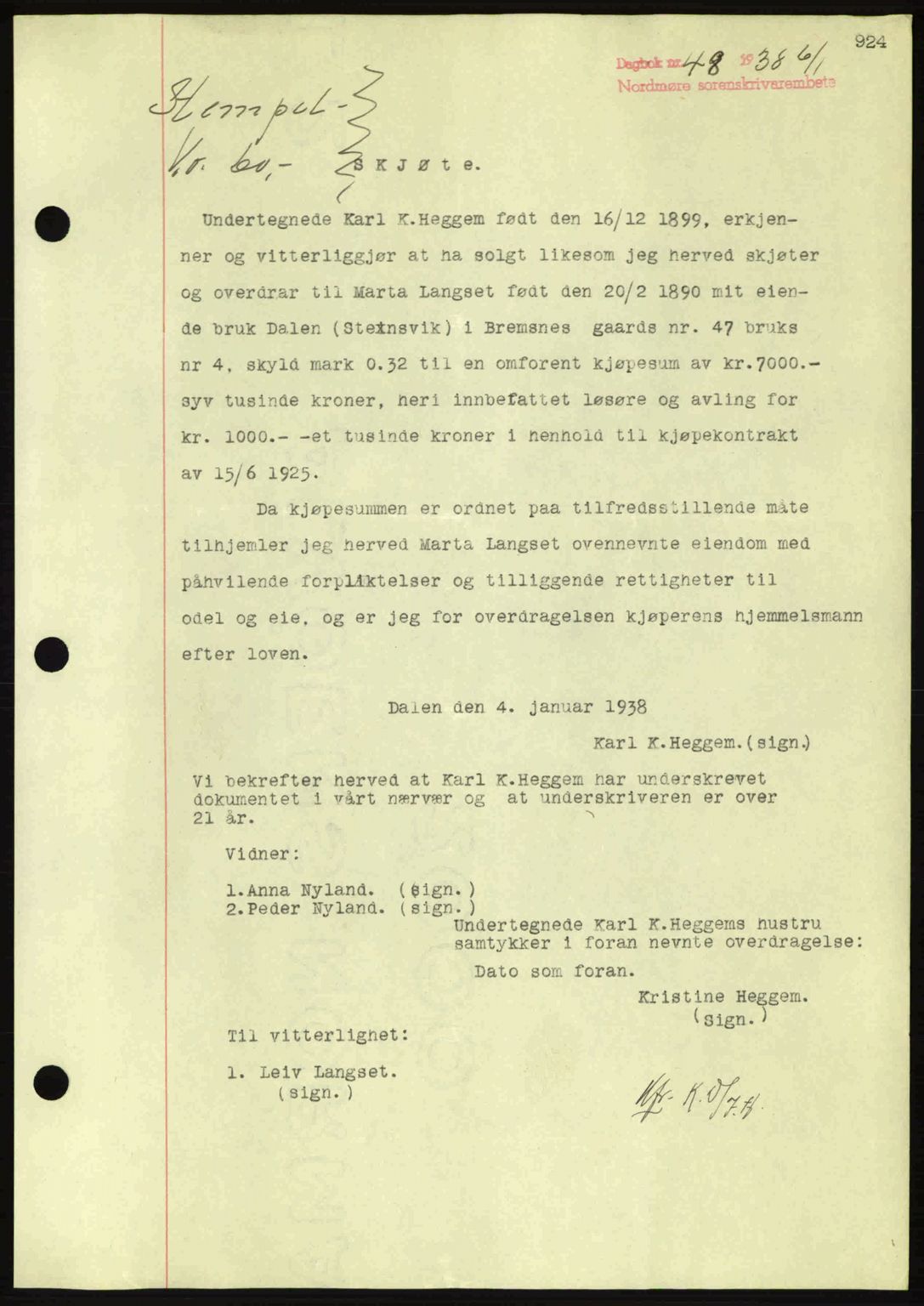 Nordmøre sorenskriveri, SAT/A-4132/1/2/2Ca: Pantebok nr. A82, 1937-1938, Dagboknr: 48/1938