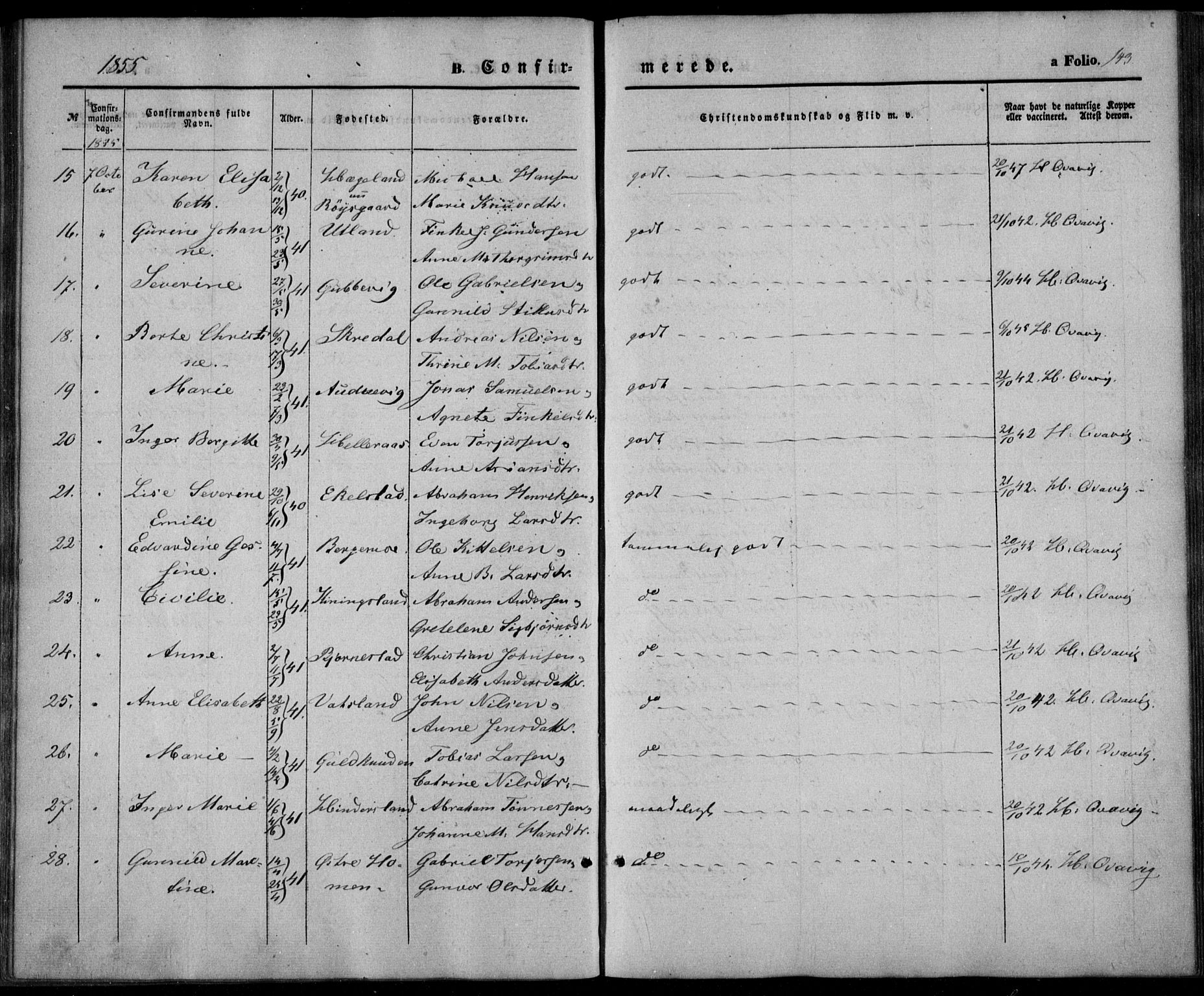 Lyngdal sokneprestkontor, AV/SAK-1111-0029/F/Fa/Fac/L0009: Ministerialbok nr. A 9, 1852-1864, s. 143
