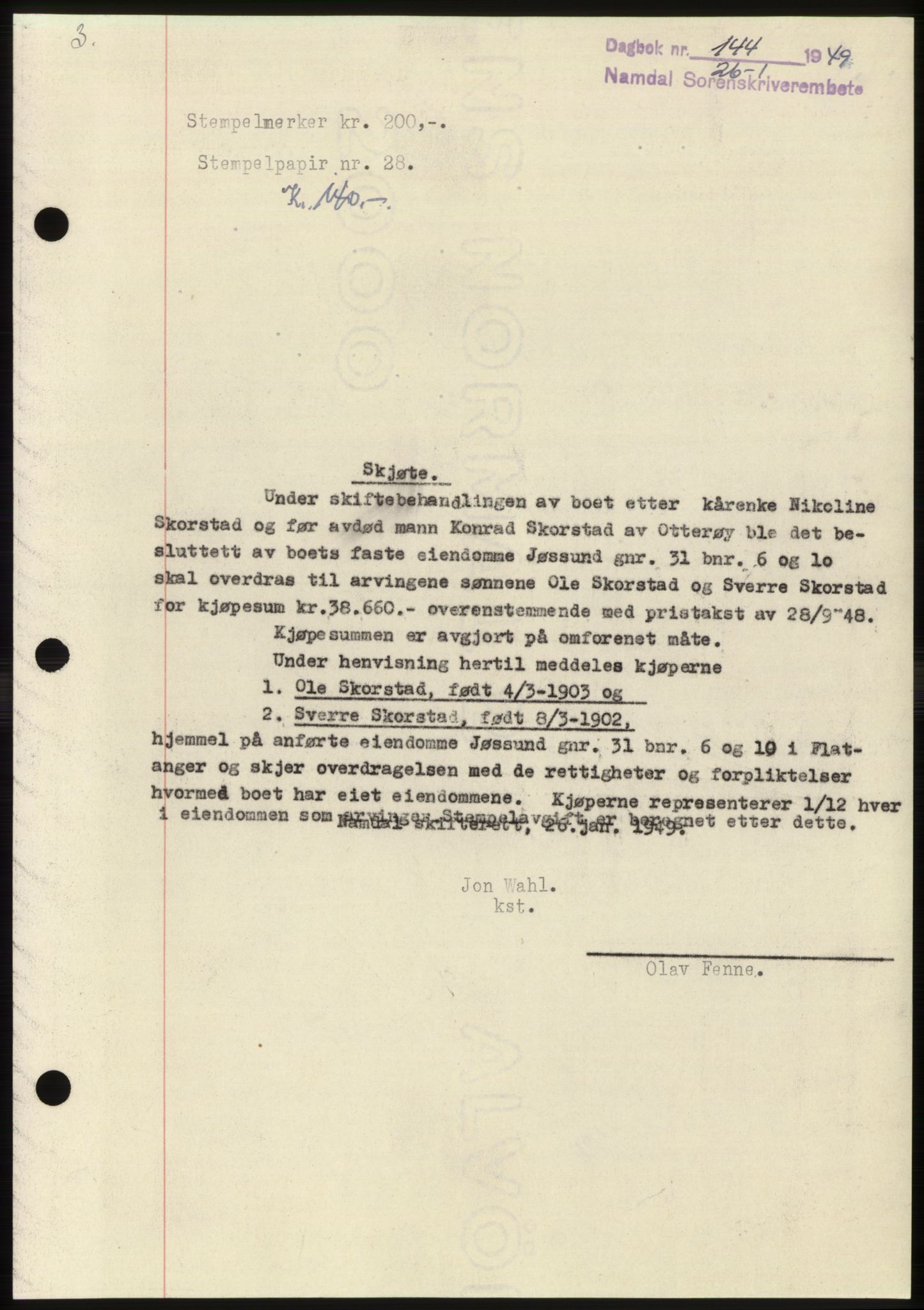 Namdal sorenskriveri, SAT/A-4133/1/2/2C: Pantebok nr. -, 1949-1949, Dagboknr: 144/1949