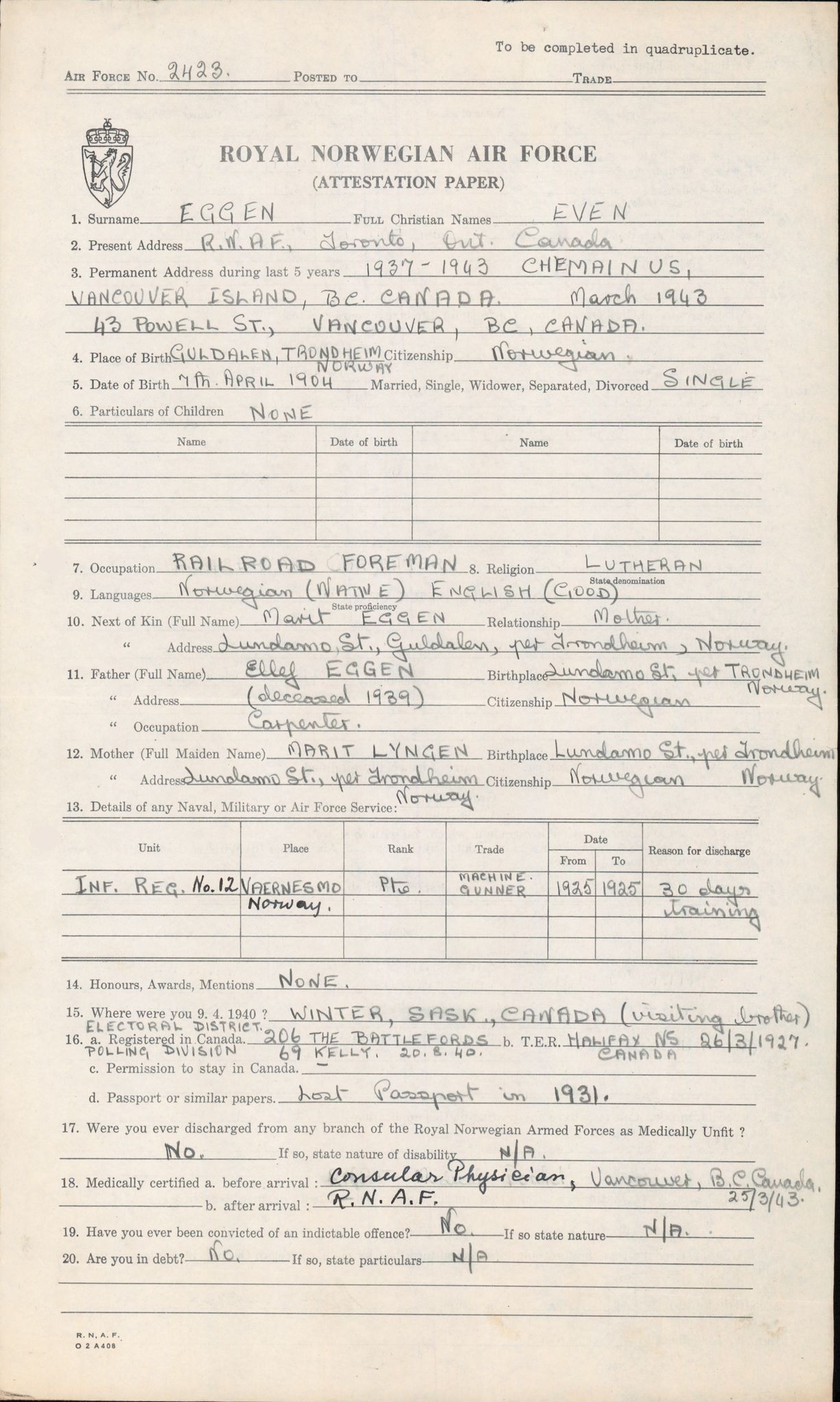 Forsvaret, Forsvarets overkommando/Luftforsvarsstaben, AV/RA-RAFA-4079/P/Pa/L0011: Personellpapirer, 1904, s. 147