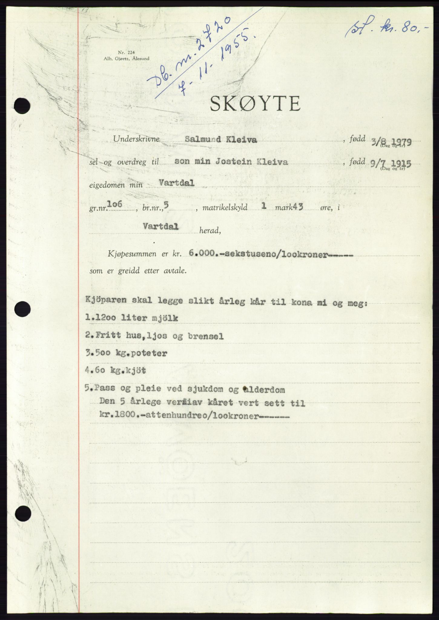 Søre Sunnmøre sorenskriveri, SAT/A-4122/1/2/2C/L0102: Pantebok nr. 28A, 1955-1956, Dagboknr: 2720/1955