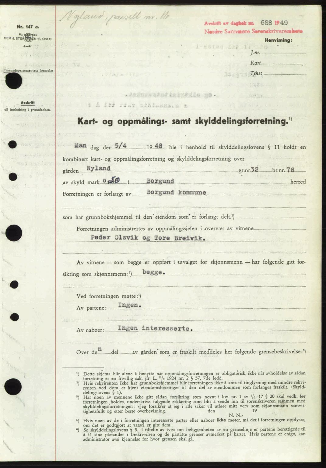 Nordre Sunnmøre sorenskriveri, SAT/A-0006/1/2/2C/2Ca: Pantebok nr. A30, 1949-1949, Dagboknr: 688/1949