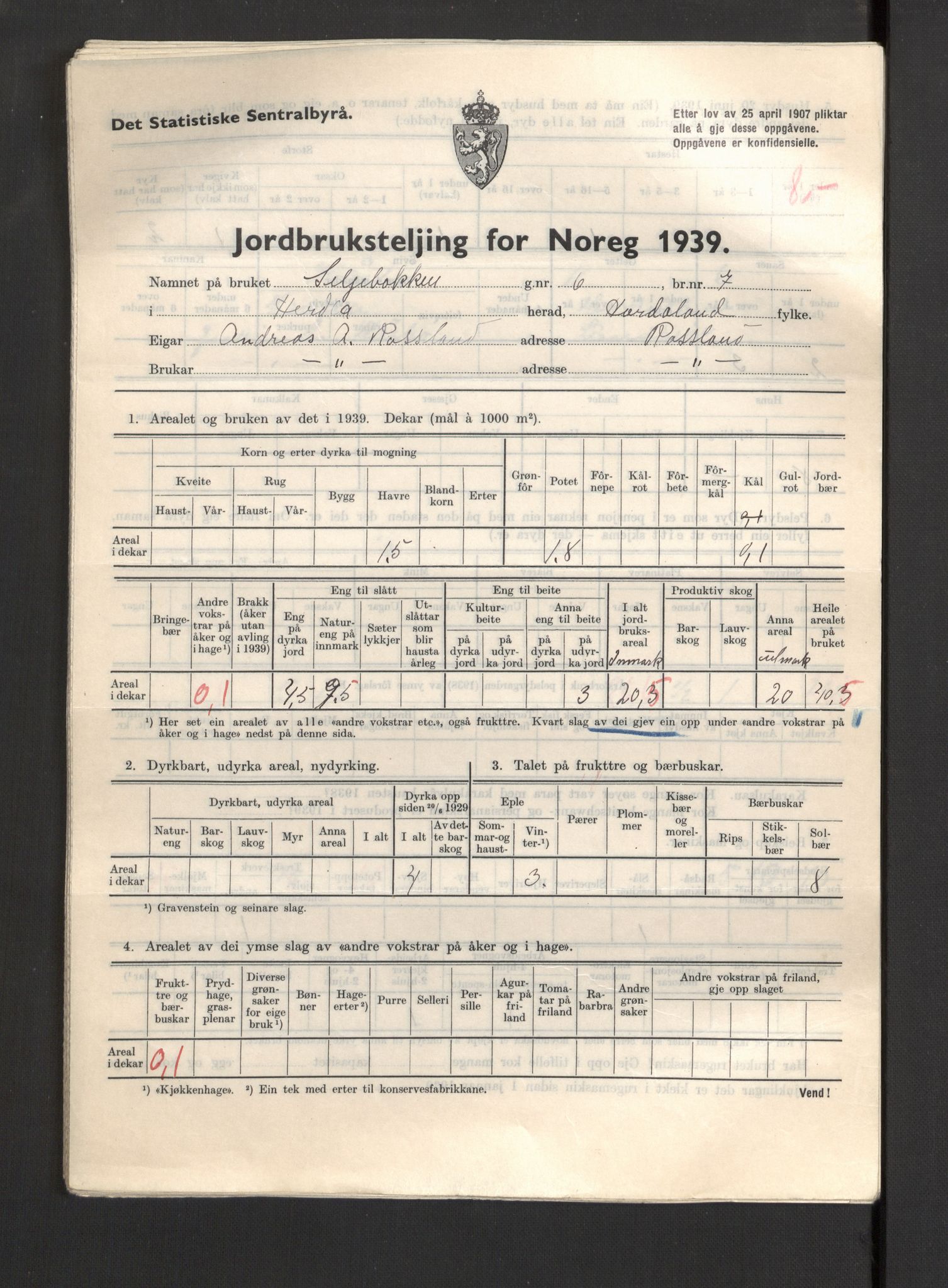 Statistisk sentralbyrå, Næringsøkonomiske emner, Jordbruk, skogbruk, jakt, fiske og fangst, AV/RA-S-2234/G/Gb/L0211: Hordaland: Herdla, Hjelme og Manger, 1939, s. 709