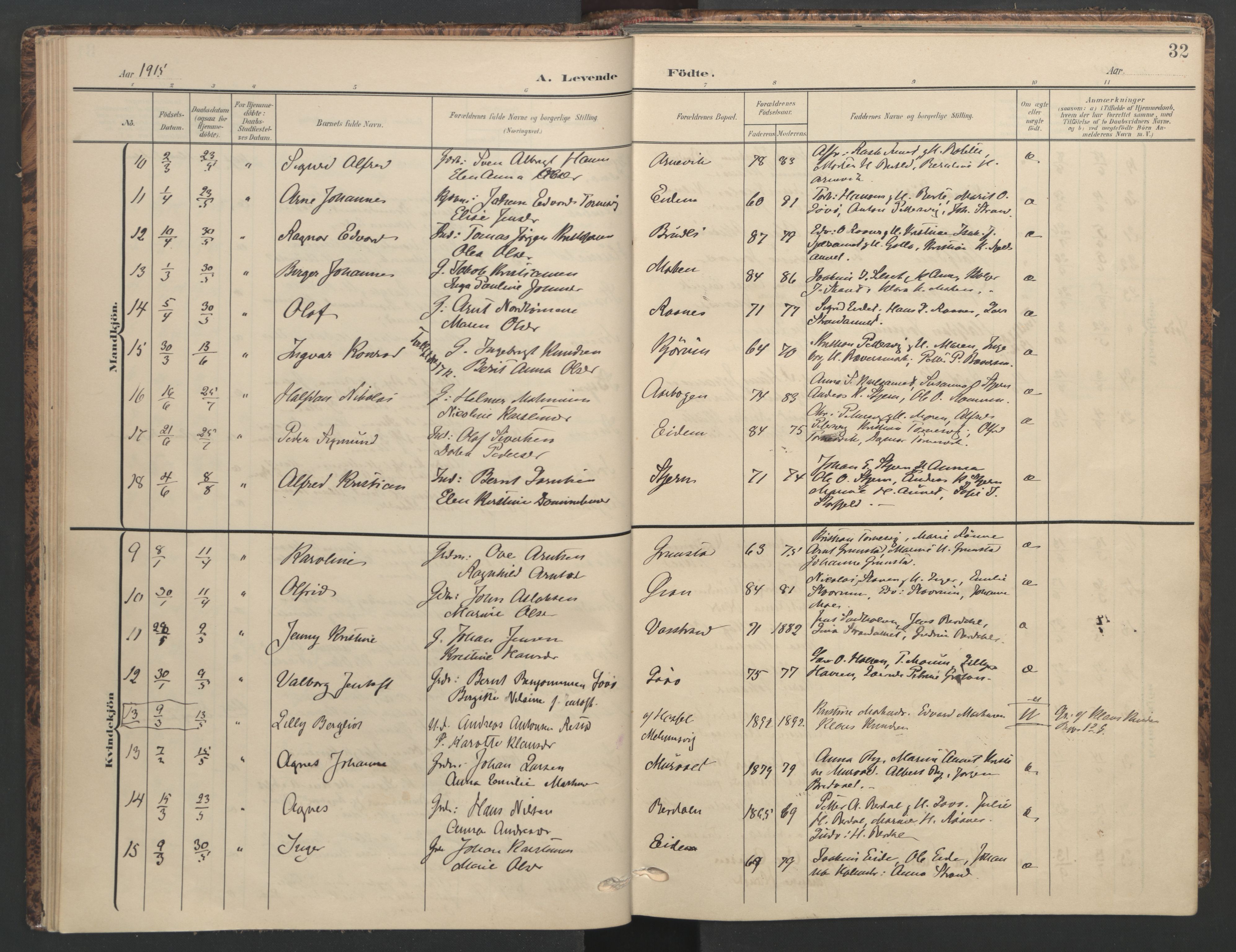 Ministerialprotokoller, klokkerbøker og fødselsregistre - Sør-Trøndelag, AV/SAT-A-1456/655/L0682: Ministerialbok nr. 655A11, 1908-1922, s. 32