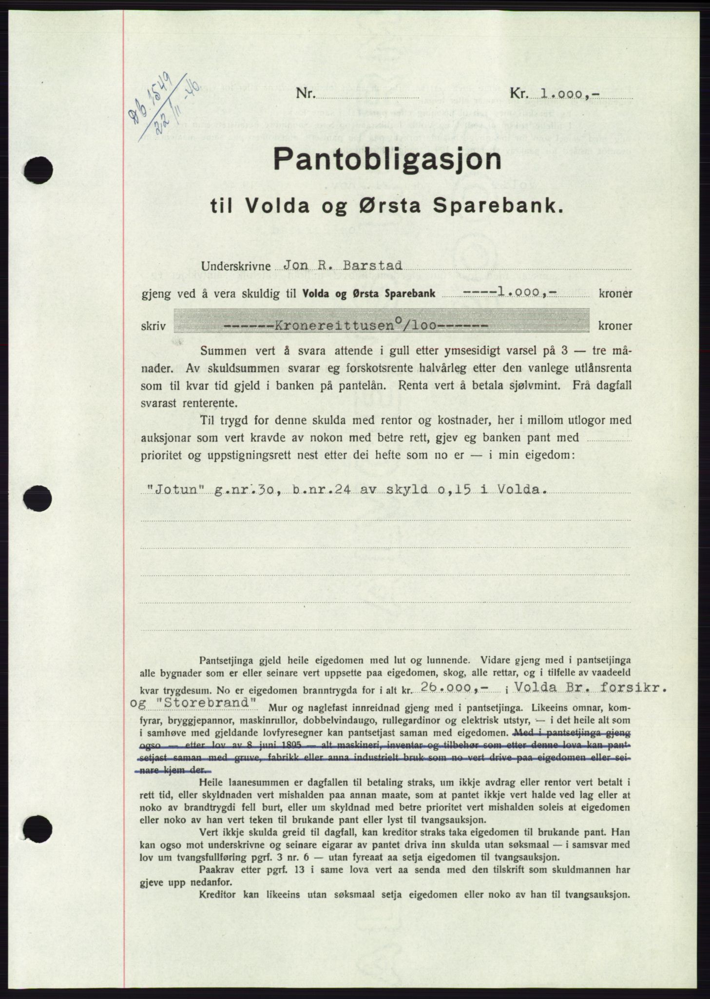Søre Sunnmøre sorenskriveri, AV/SAT-A-4122/1/2/2C/L0114: Pantebok nr. 1-2B, 1943-1947, Dagboknr: 1549/1946