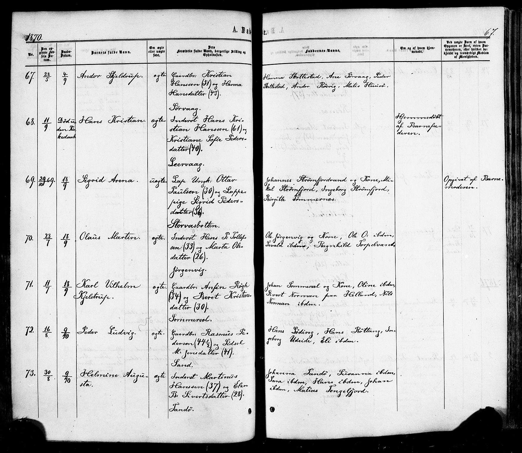 Ministerialprotokoller, klokkerbøker og fødselsregistre - Nordland, SAT/A-1459/859/L0845: Ministerialbok nr. 859A05, 1863-1877, s. 67