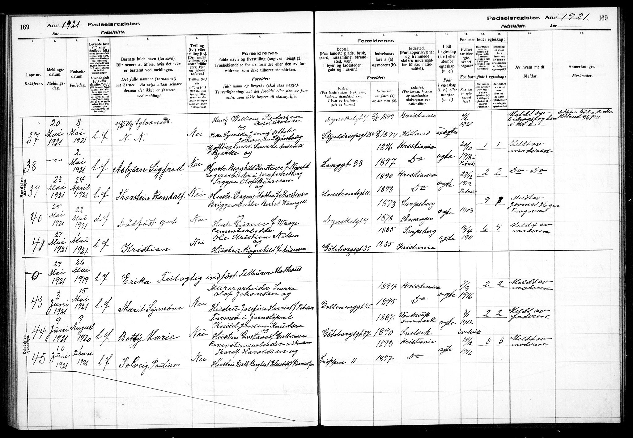 Petrus prestekontor Kirkebøker, AV/SAO-A-10872/J/Ja/L0001: Fødselsregister nr. 1, 1916-1922, s. 169