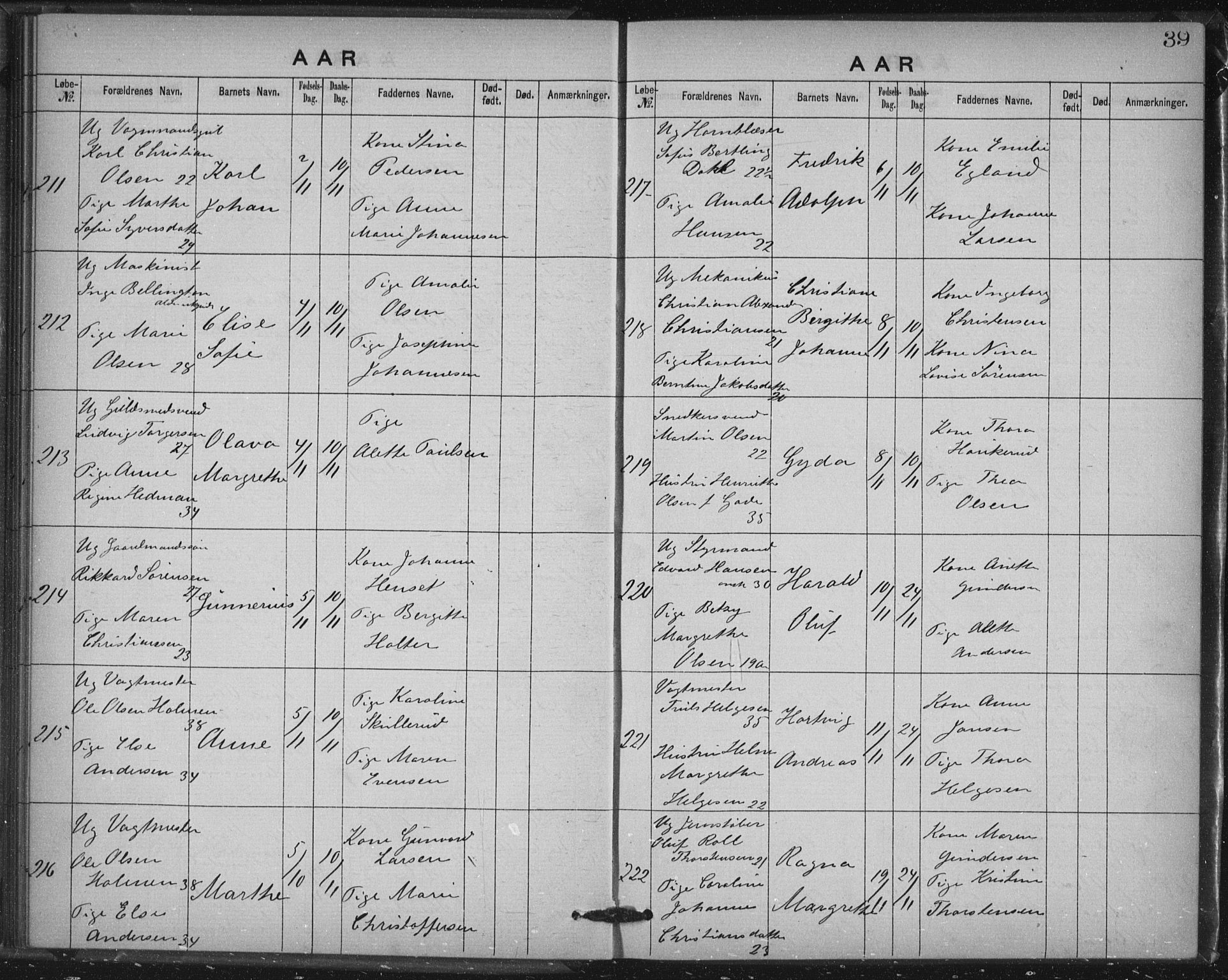 Rikshospitalet prestekontor Kirkebøker, AV/SAO-A-10309b/K/L0003/0001: Dåpsbok nr. 3.1, 1877-1884, s. 39