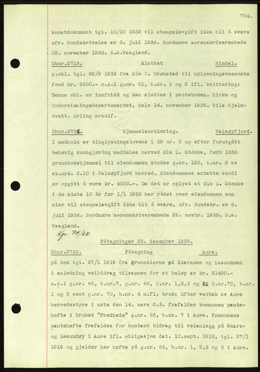 Nordmøre sorenskriveri, SAT/A-4132/1/2/2Ca: Pantebok nr. C80, 1936-1939, Dagboknr: 2718/1938
