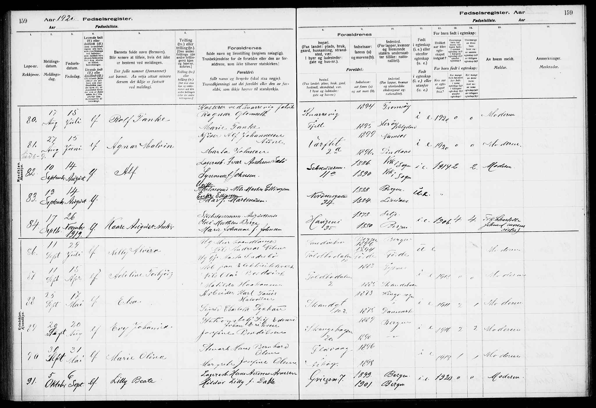 Nykirken Sokneprestembete, SAB/A-77101/I/Id/L00A1: Fødselsregister nr. A 1, 1916-1922, s. 159