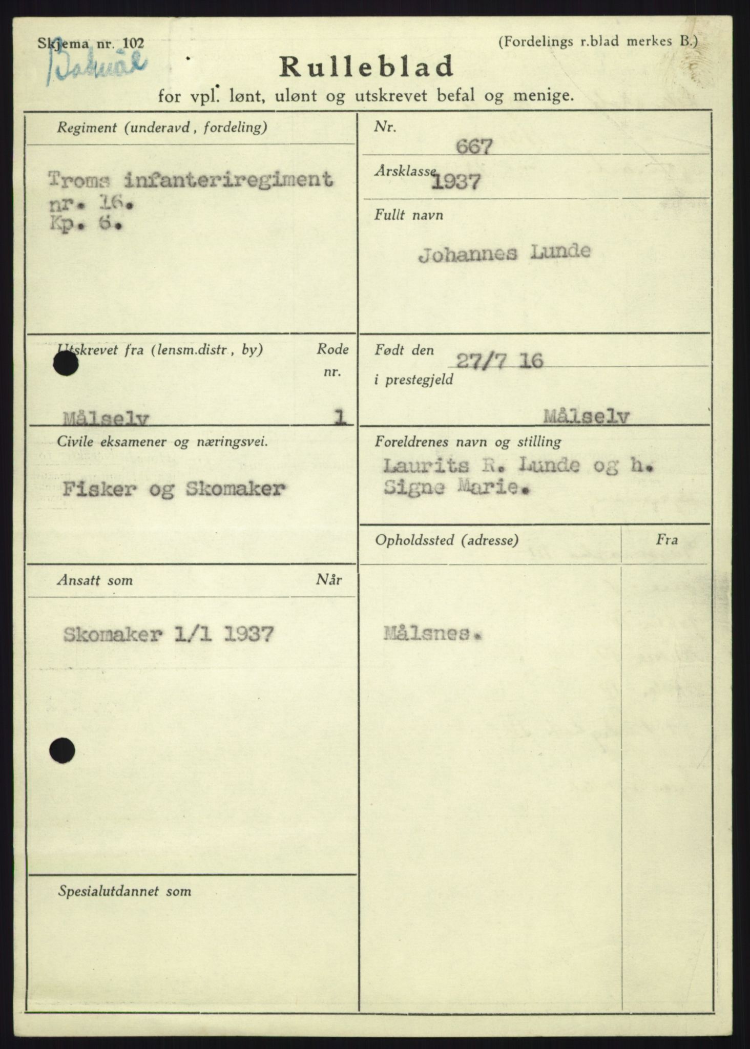 Forsvaret, Troms infanteriregiment nr. 16, AV/RA-RAFA-3146/P/Pa/L0021: Rulleblad for regimentets menige mannskaper, årsklasse 1937, 1937, s. 713