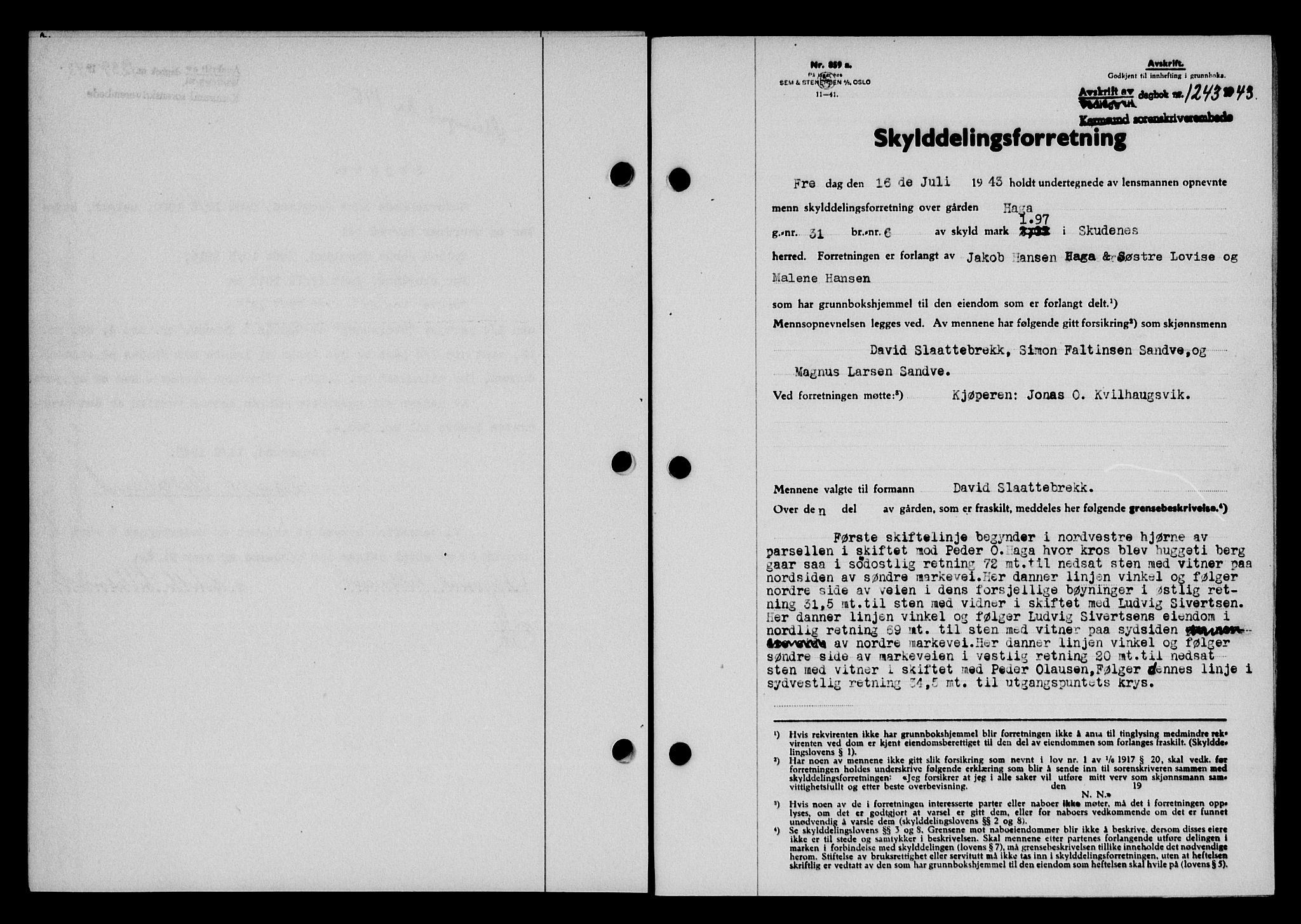 Karmsund sorenskriveri, SAST/A-100311/01/II/IIB/L0080: Pantebok nr. 61A, 1943-1943, Dagboknr: 1243/1943