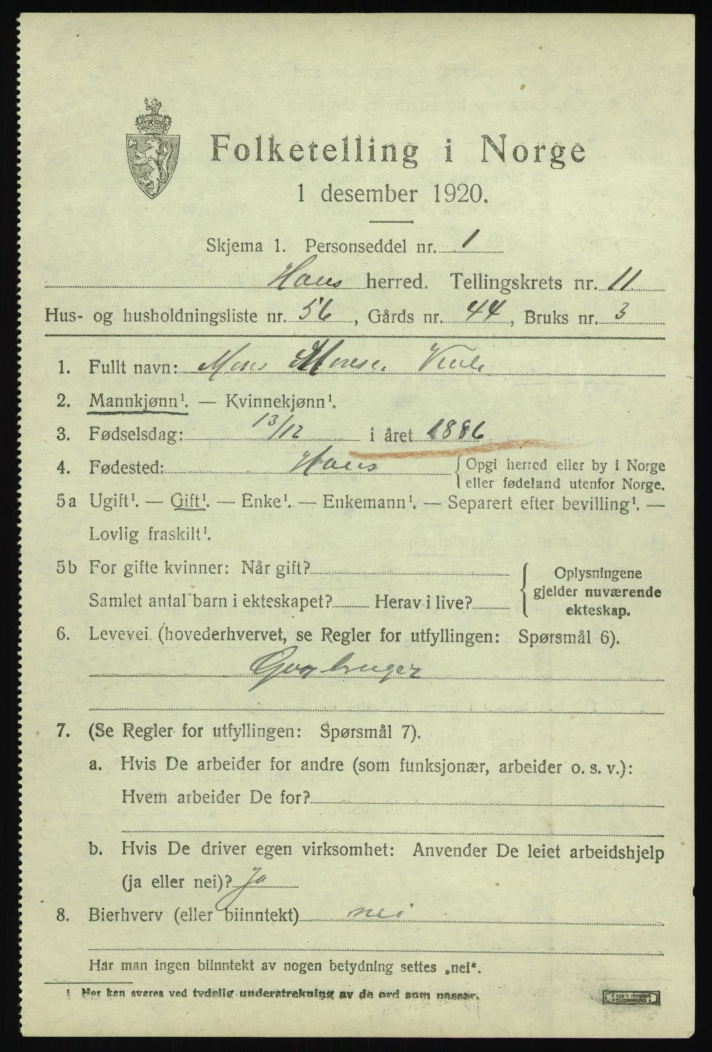SAB, Folketelling 1920 for 1250 Haus herred, 1920, s. 7389