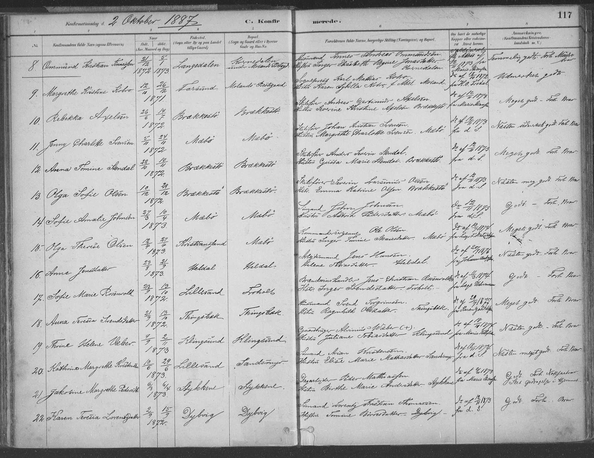 Vestre Moland sokneprestkontor, AV/SAK-1111-0046/F/Fa/Fab/L0009: Ministerialbok nr. A 9, 1884-1899, s. 117