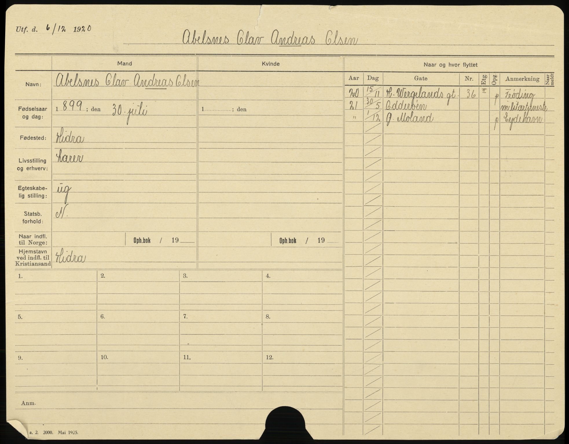 Kristiansand folkeregister, AV/SAK-1341-0030/H/L0005: Utflyttet, A-Å, 1921