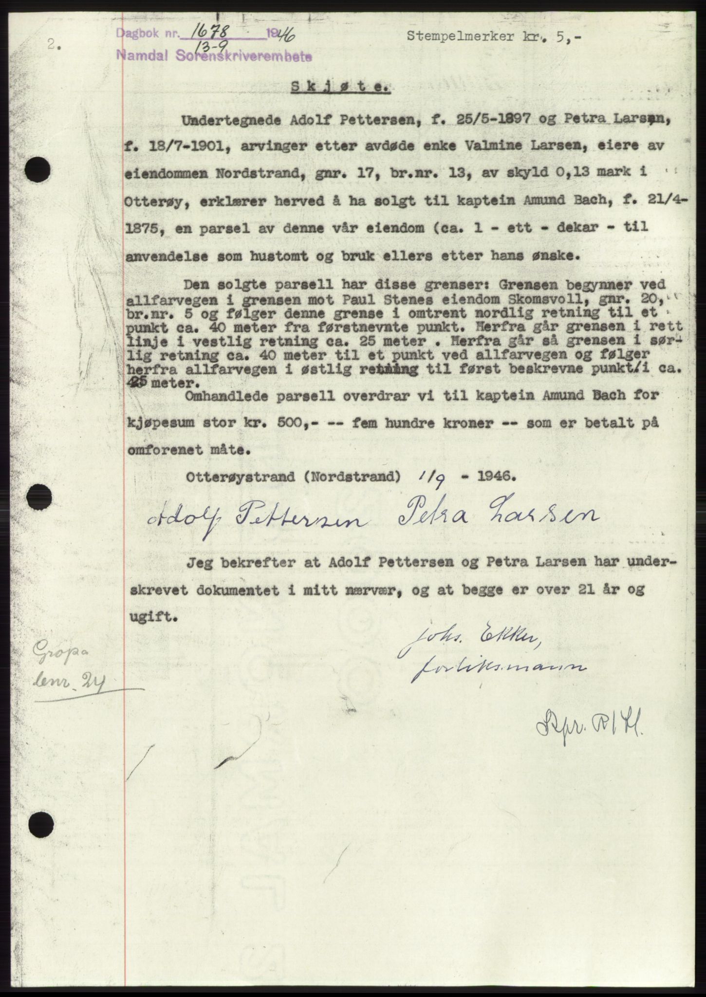 Namdal sorenskriveri, SAT/A-4133/1/2/2C: Pantebok nr. -, 1946-1947, Dagboknr: 1678/1946