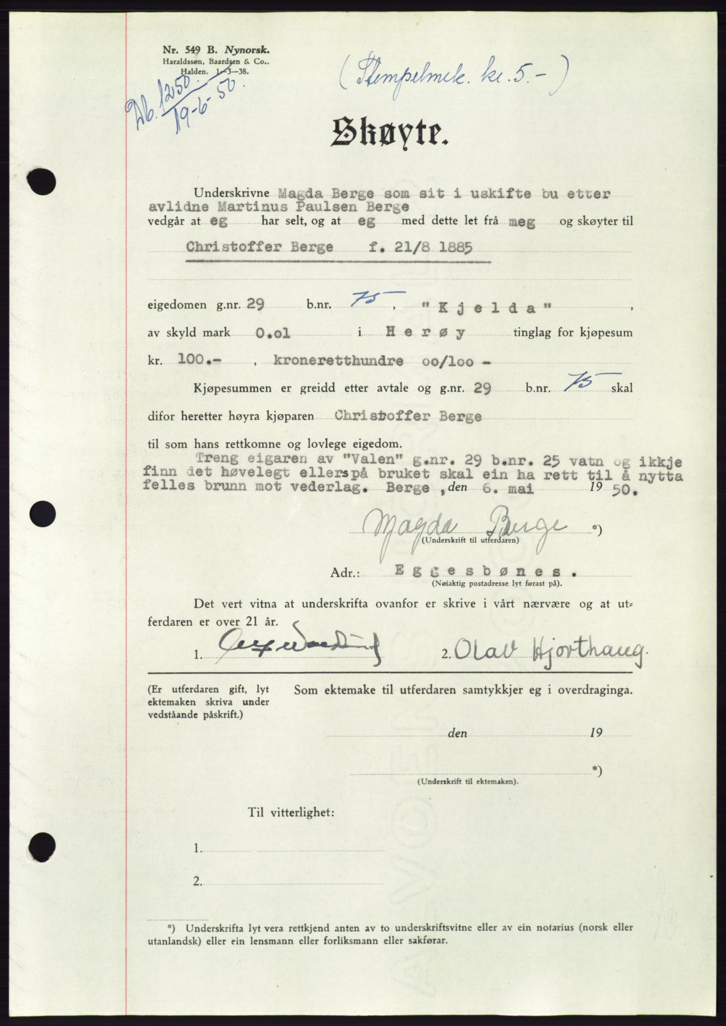 Søre Sunnmøre sorenskriveri, SAT/A-4122/1/2/2C/L0087: Pantebok nr. 13A, 1950-1950, Dagboknr: 1250/1950