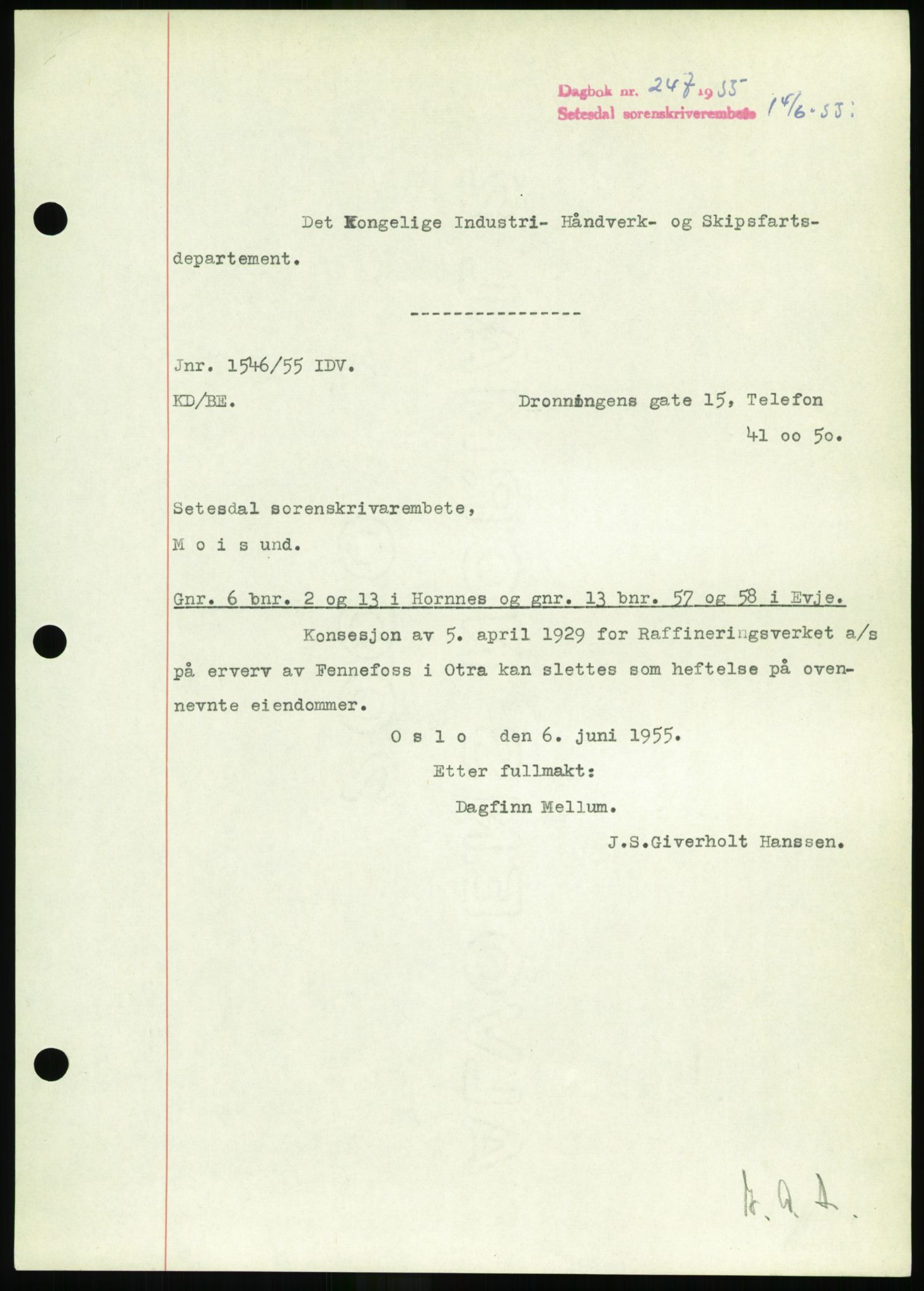 Setesdal sorenskriveri, SAK/1221-0011/G/Gb/L0052: Pantebok nr. B 40, 1954-1955, Dagboknr: 247/1955