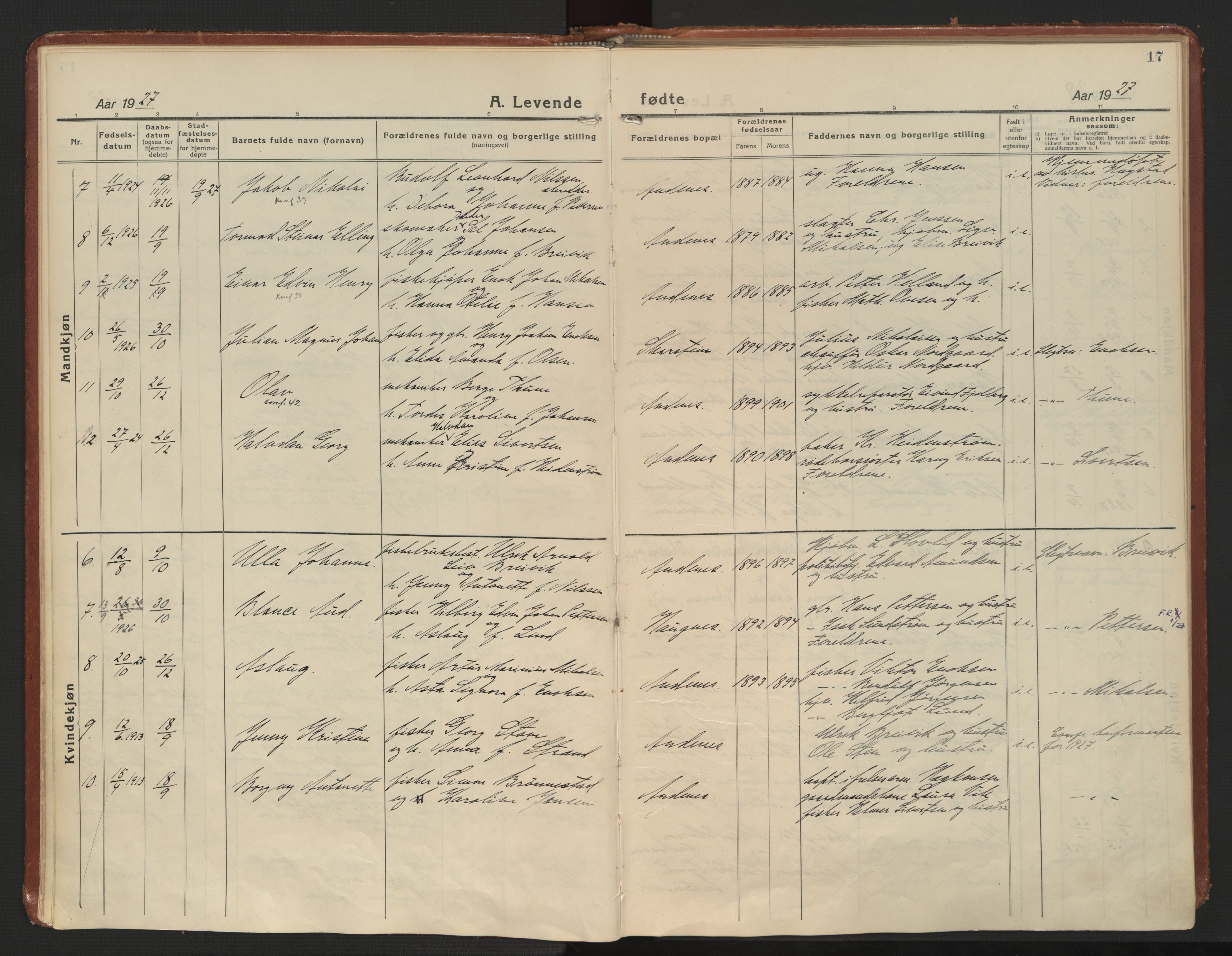 Ministerialprotokoller, klokkerbøker og fødselsregistre - Nordland, AV/SAT-A-1459/899/L1441: Ministerialbok nr. 899A09, 1923-1939, s. 17