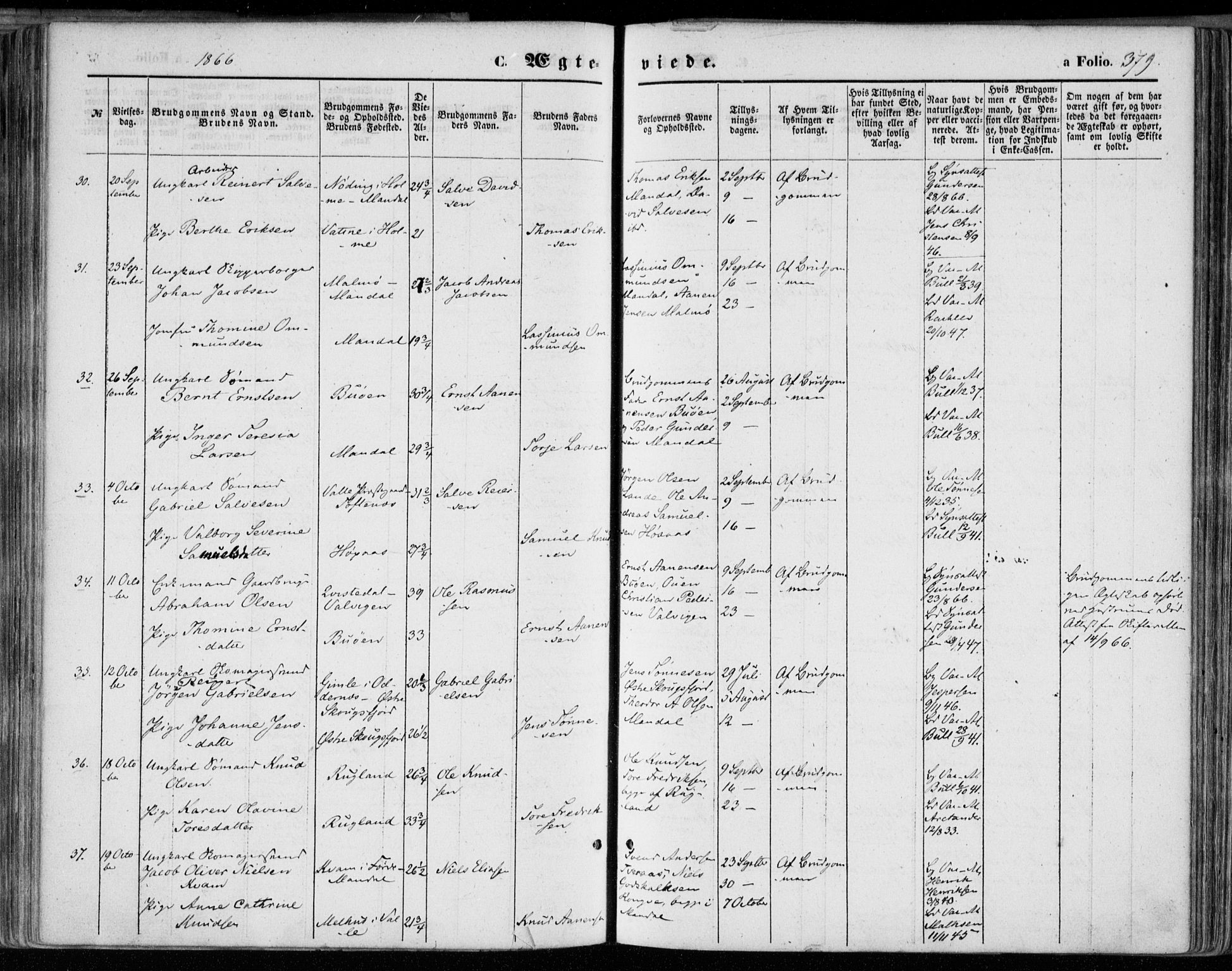 Mandal sokneprestkontor, AV/SAK-1111-0030/F/Fa/Faa/L0014: Ministerialbok nr. A 14, 1859-1872, s. 379