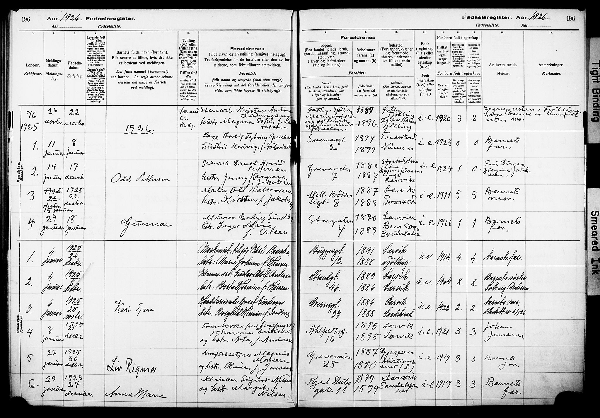 Larvik kirkebøker, AV/SAKO-A-352/J/Ja/L0001: Fødselsregister nr. I 1, 1916-1926, s. 196