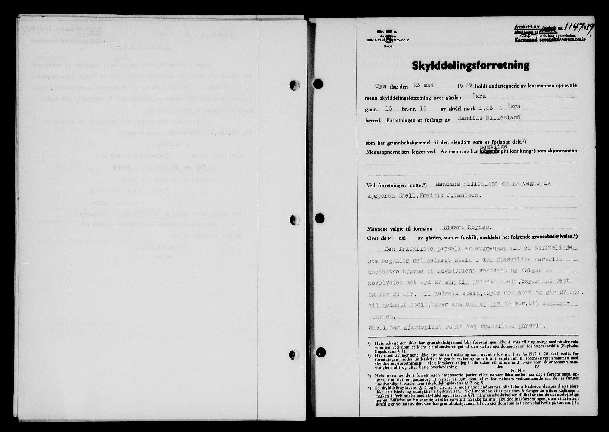 Karmsund sorenskriveri, SAST/A-100311/01/II/IIB/L0071: Pantebok nr. 52A, 1939-1939, Dagboknr: 1147/1939