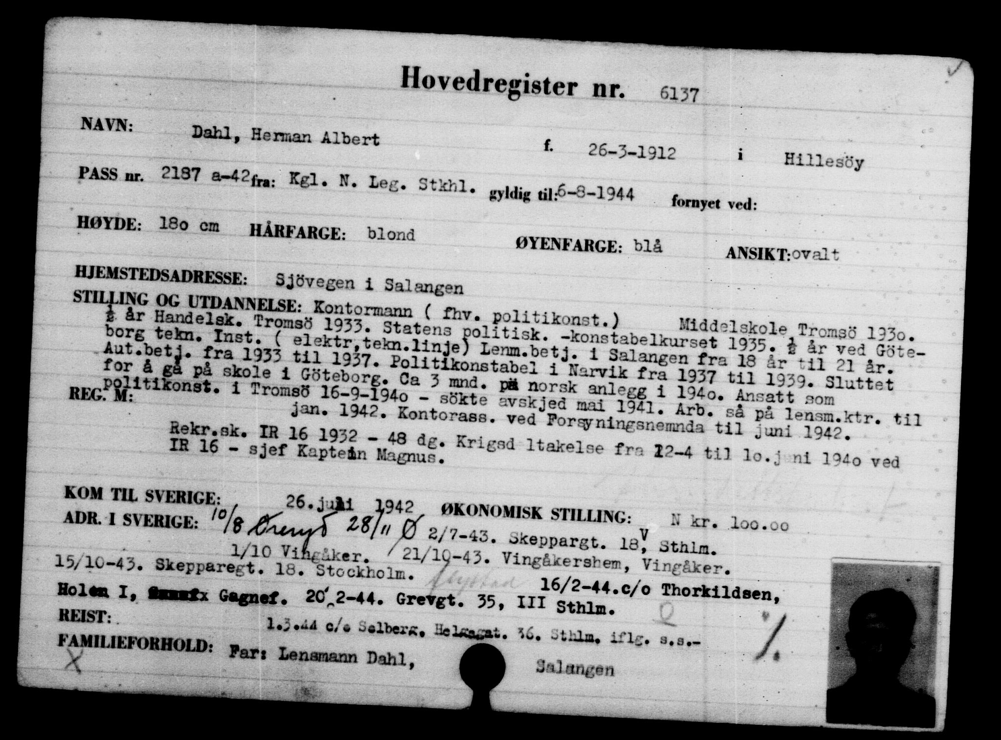 Den Kgl. Norske Legasjons Flyktningskontor, AV/RA-S-6753/V/Va/L0004: Kjesäterkartoteket.  Flyktningenr. 3496-6610, 1940-1945, s. 3096