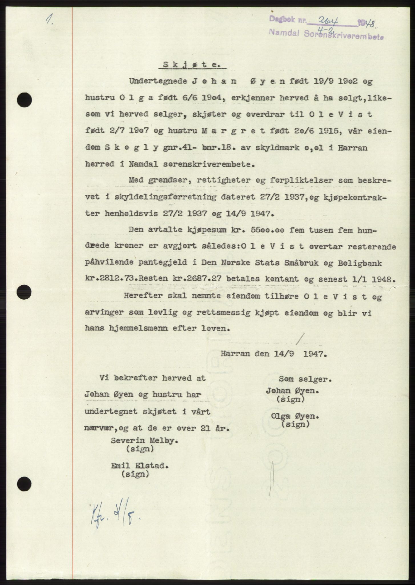 Namdal sorenskriveri, SAT/A-4133/1/2/2C: Pantebok nr. -, 1947-1948, Dagboknr: 264/1948