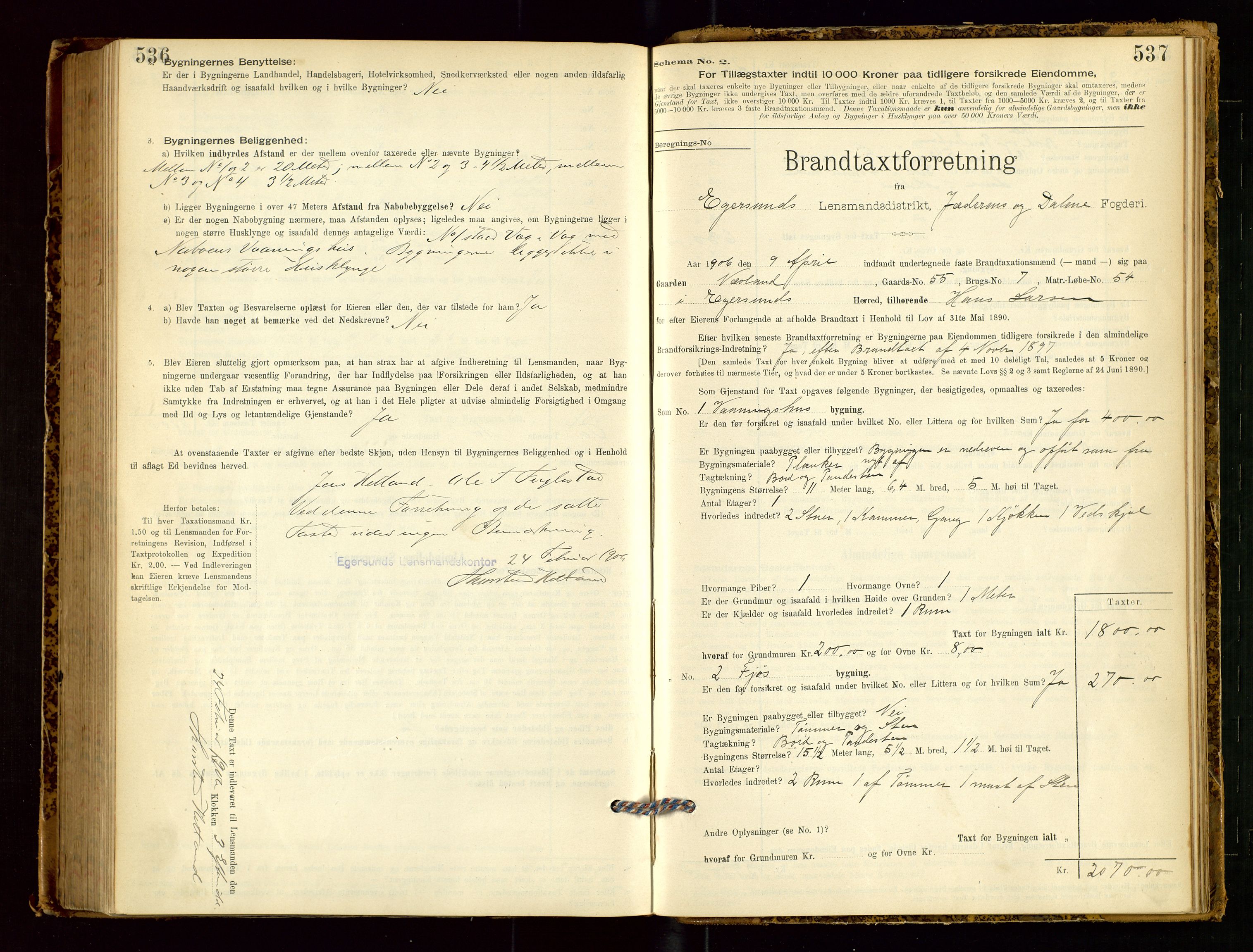 Eigersund lensmannskontor, AV/SAST-A-100171/Gob/L0001: Skjemaprotokoll, 1894-1909, s. 536-537