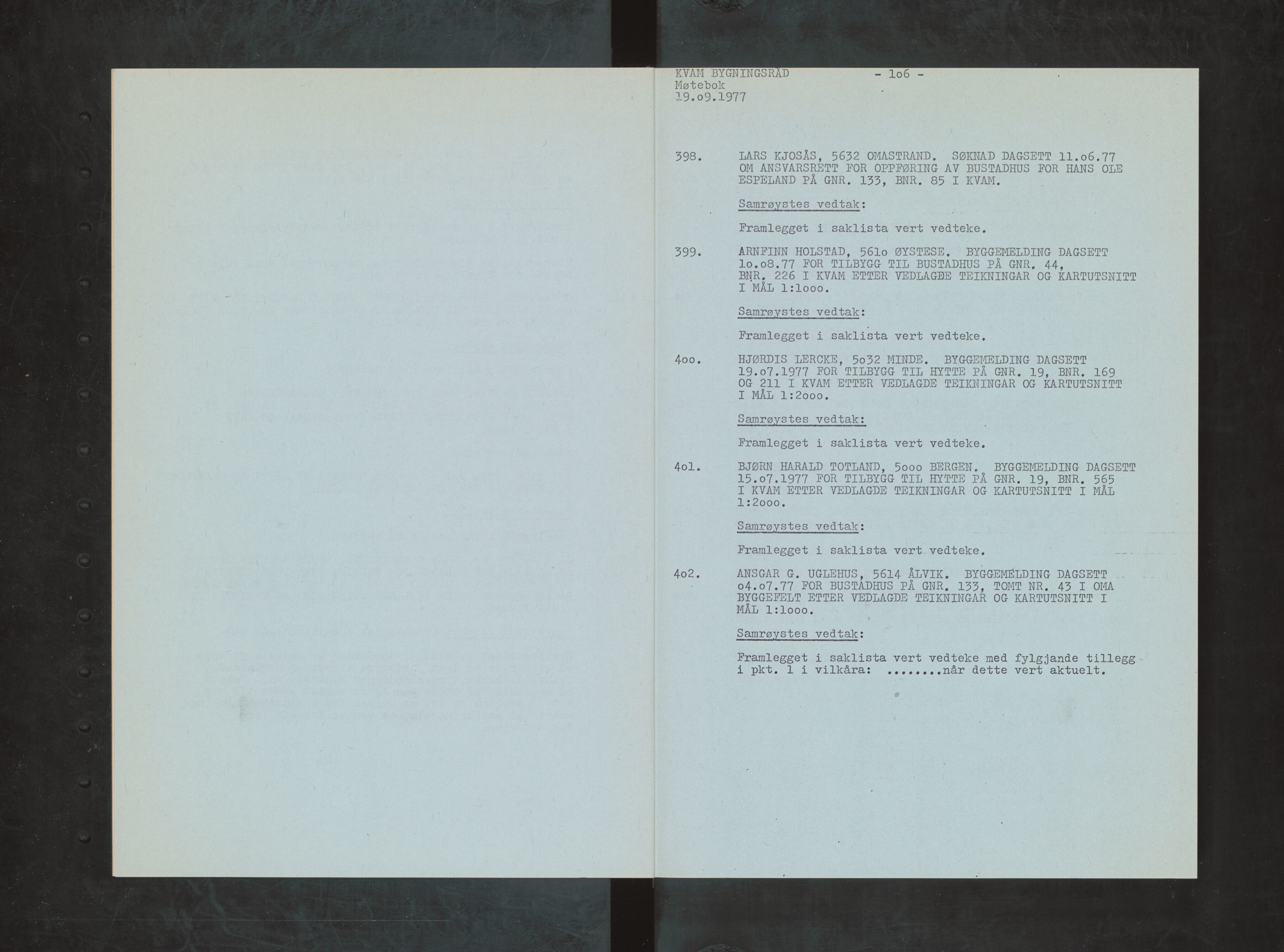 Kvam herad. Bygningsrådet, IKAH/1238-511/A/Ab/L0063: Utskrift av møtebok for Kvam bygningsråd, 1977
