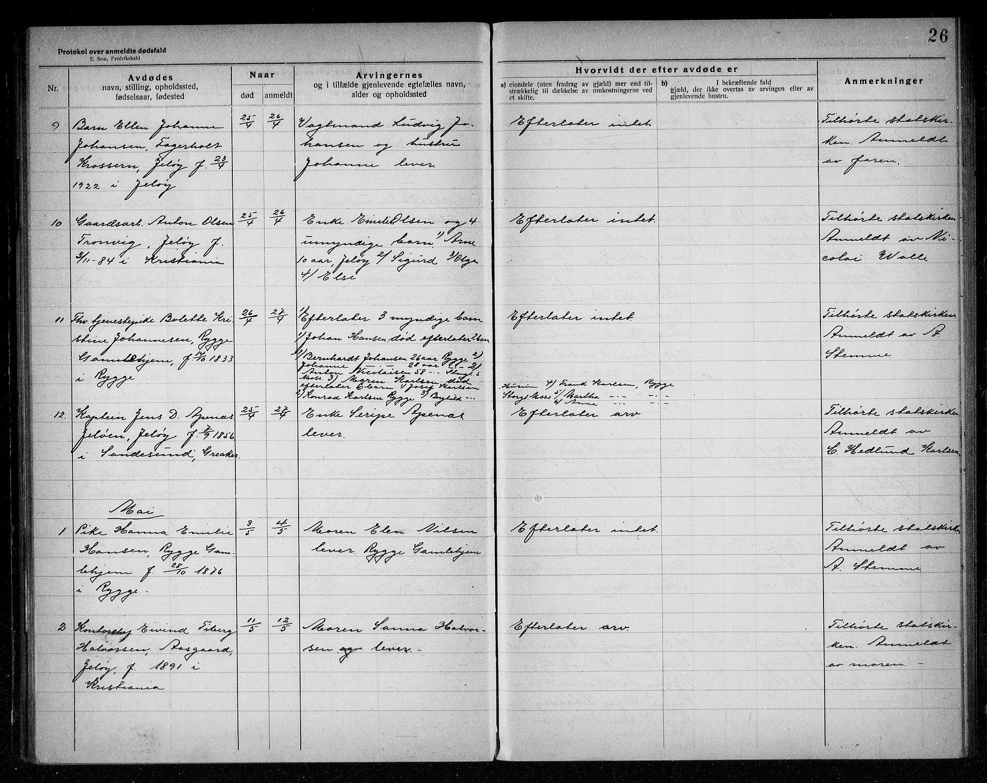 Rygge lensmannskontor, AV/SAO-A-10005/H/Ha/Haa/L0007: Dødsfallsprotokoll, 1920-1925, s. 26