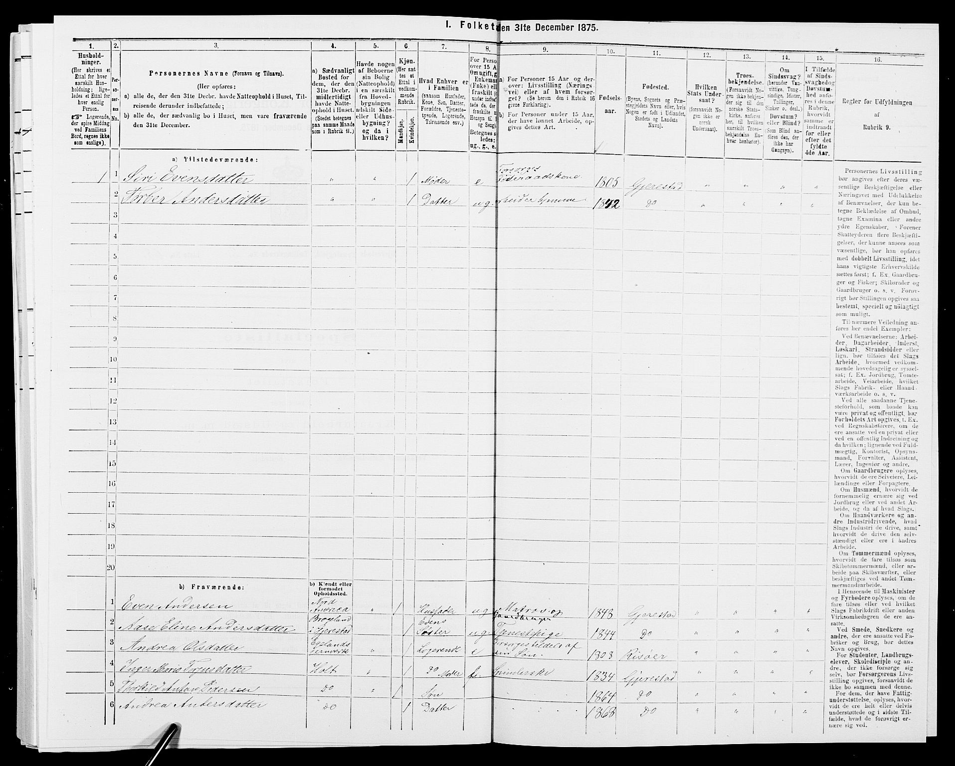 SAK, Folketelling 1875 for 0911P Gjerstad prestegjeld, 1875, s. 277