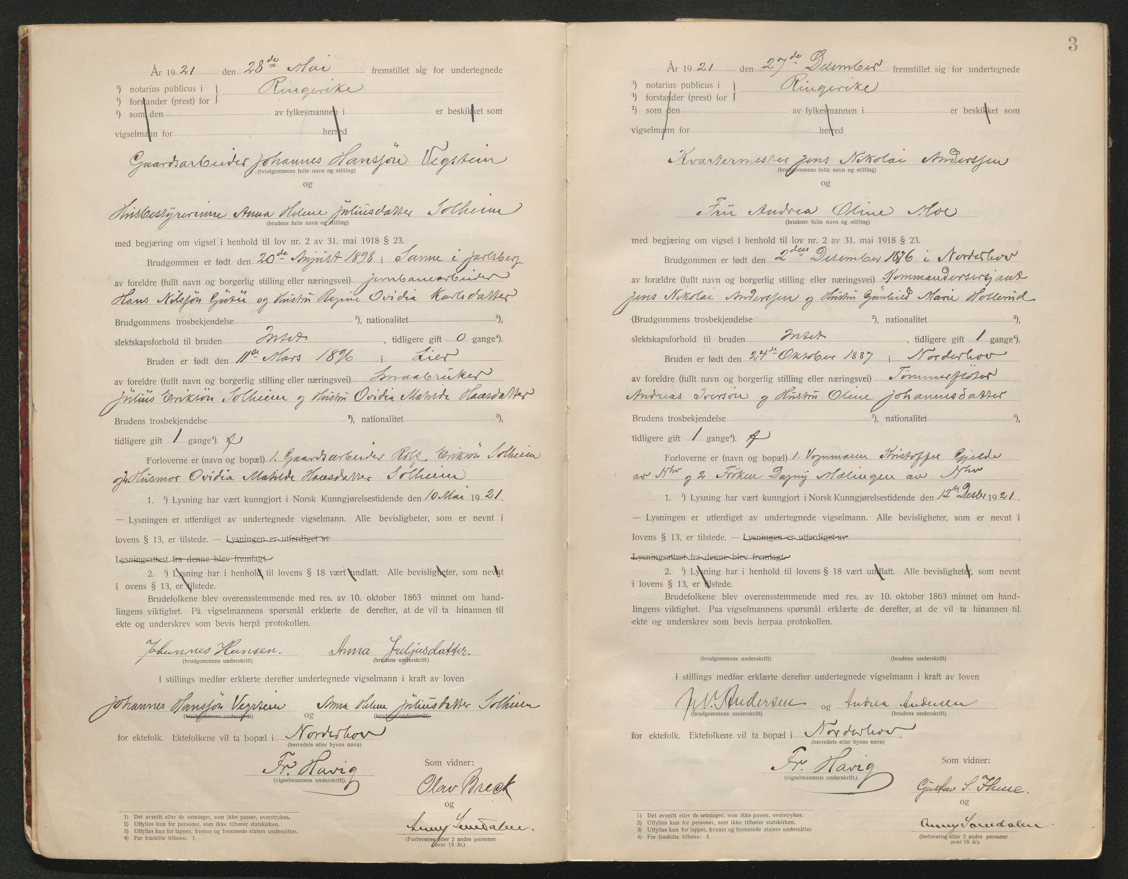 Ringerike sorenskriveri, AV/SAKO-A-105/L/Lc/L0001: Vigselsbok, 1920-1942, s. 2
