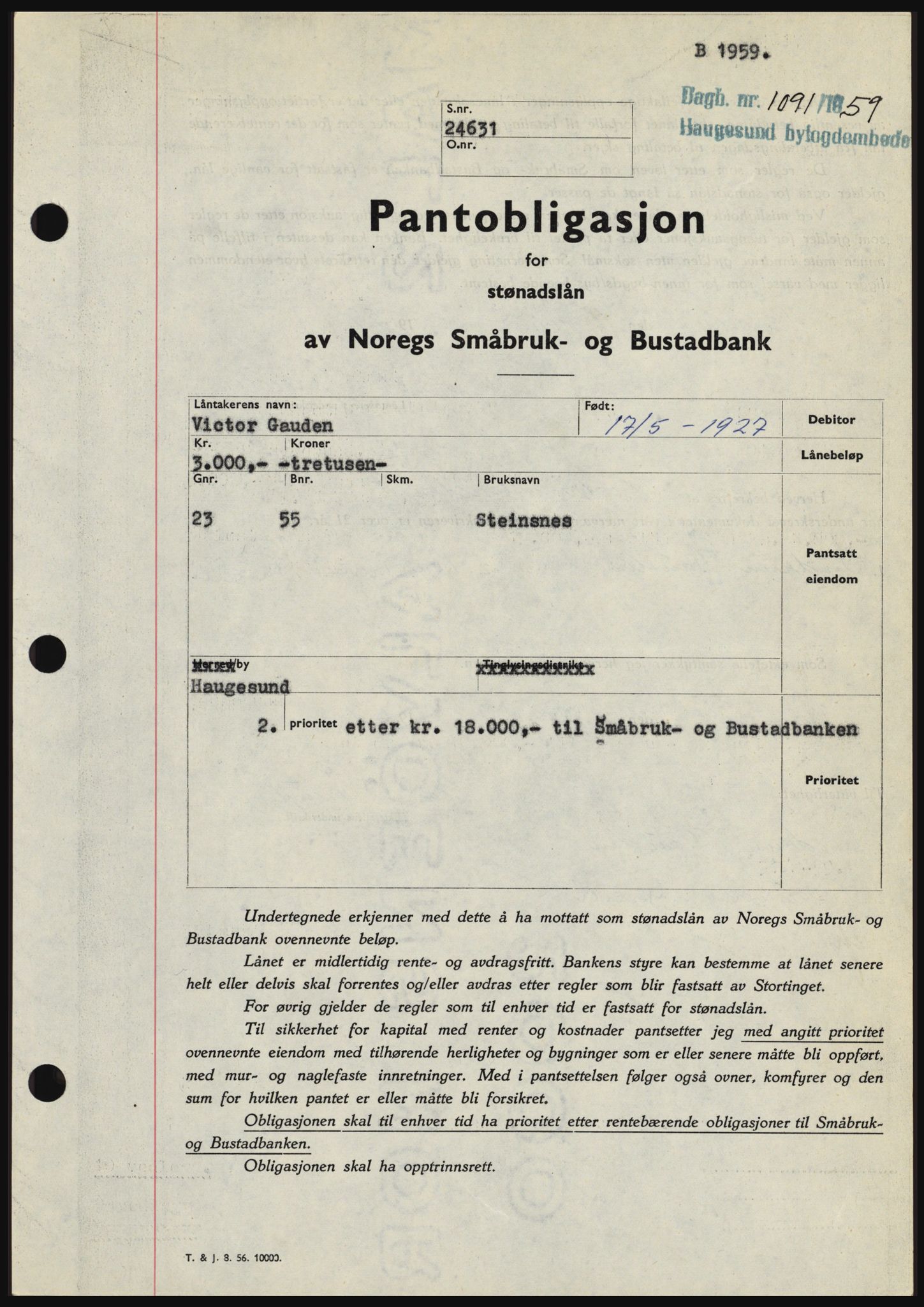 Haugesund tingrett, SAST/A-101415/01/II/IIC/L0045: Pantebok nr. B 45, 1959-1959, Dagboknr: 1091/1959