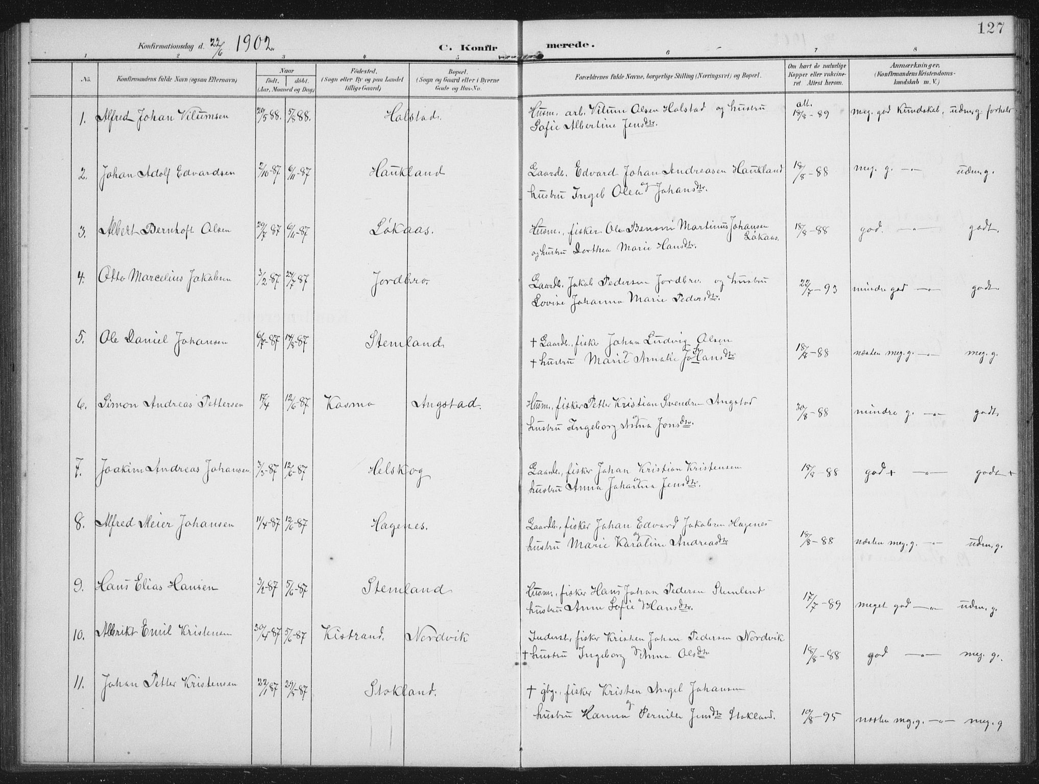 Ministerialprotokoller, klokkerbøker og fødselsregistre - Nordland, AV/SAT-A-1459/851/L0726: Klokkerbok nr. 851C01, 1902-1924, s. 127