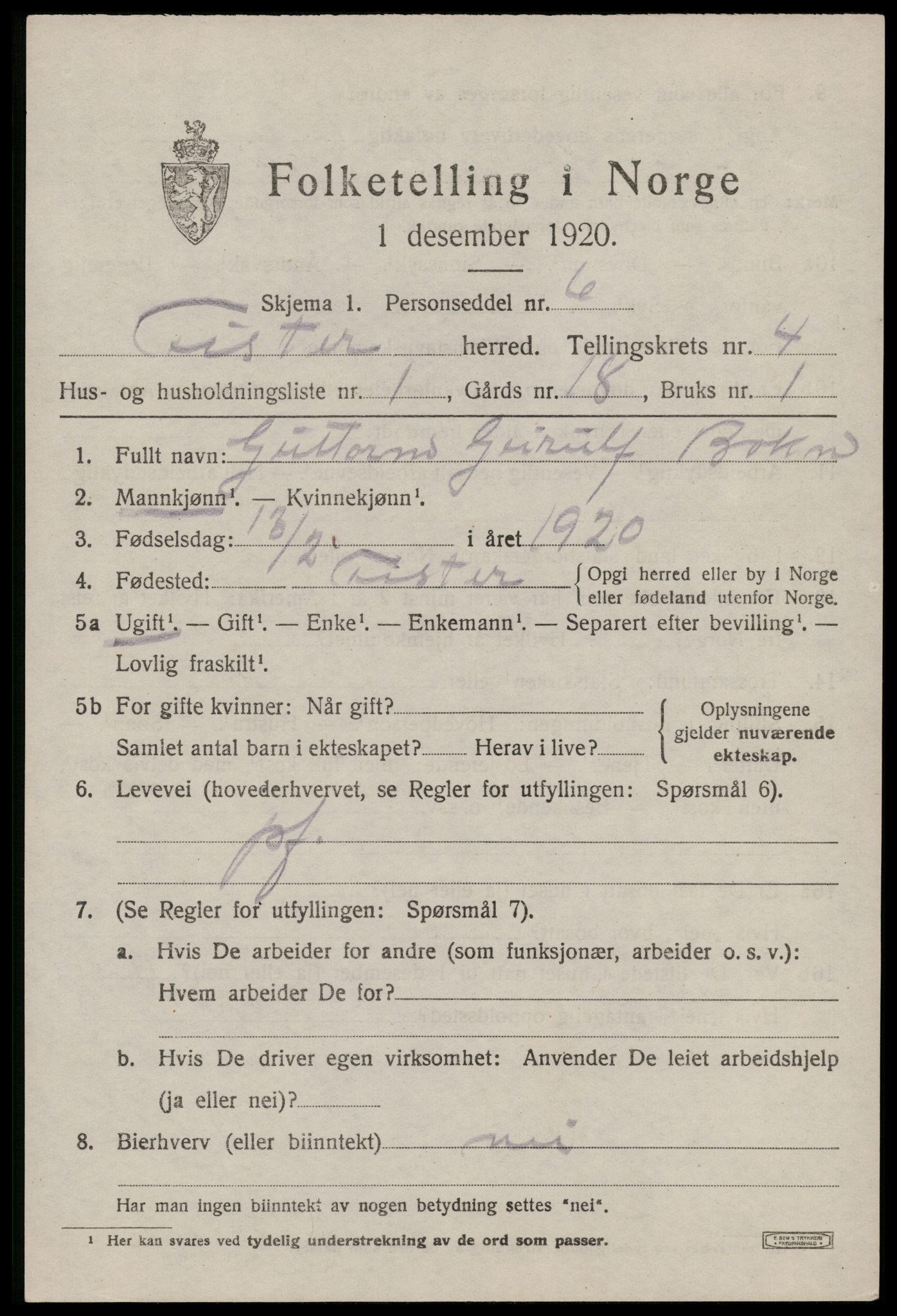 SAST, Folketelling 1920 for 1132 Fister herred, 1920, s. 1119