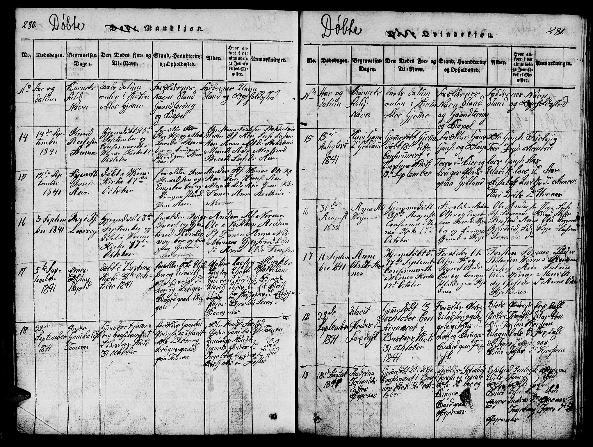 Ministerialprotokoller, klokkerbøker og fødselsregistre - Møre og Romsdal, AV/SAT-A-1454/539/L0535: Klokkerbok nr. 539C01, 1818-1842, s. 280-281