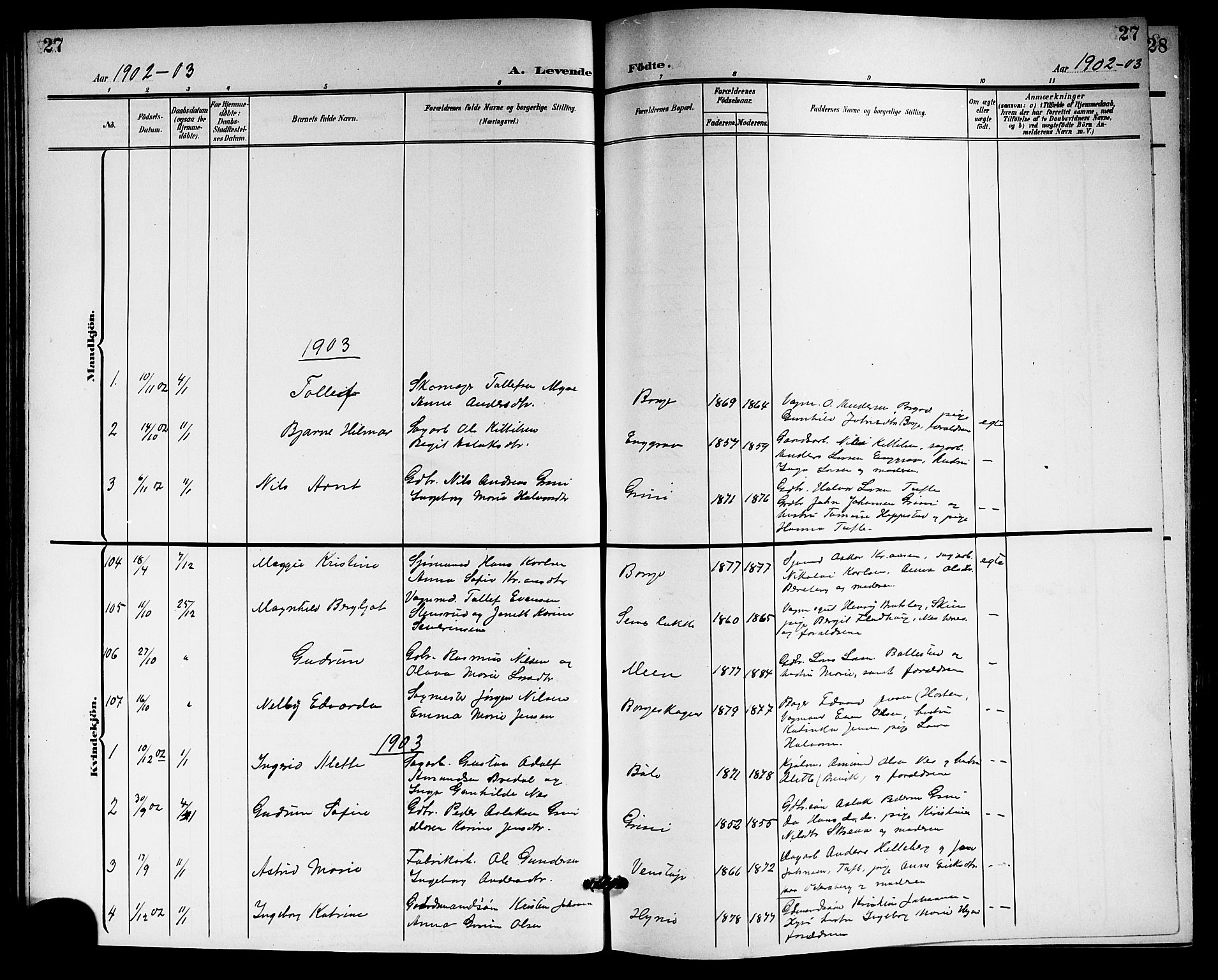 Gjerpen kirkebøker, AV/SAKO-A-265/G/Ga/L0003: Klokkerbok nr. I 3, 1901-1919, s. 27