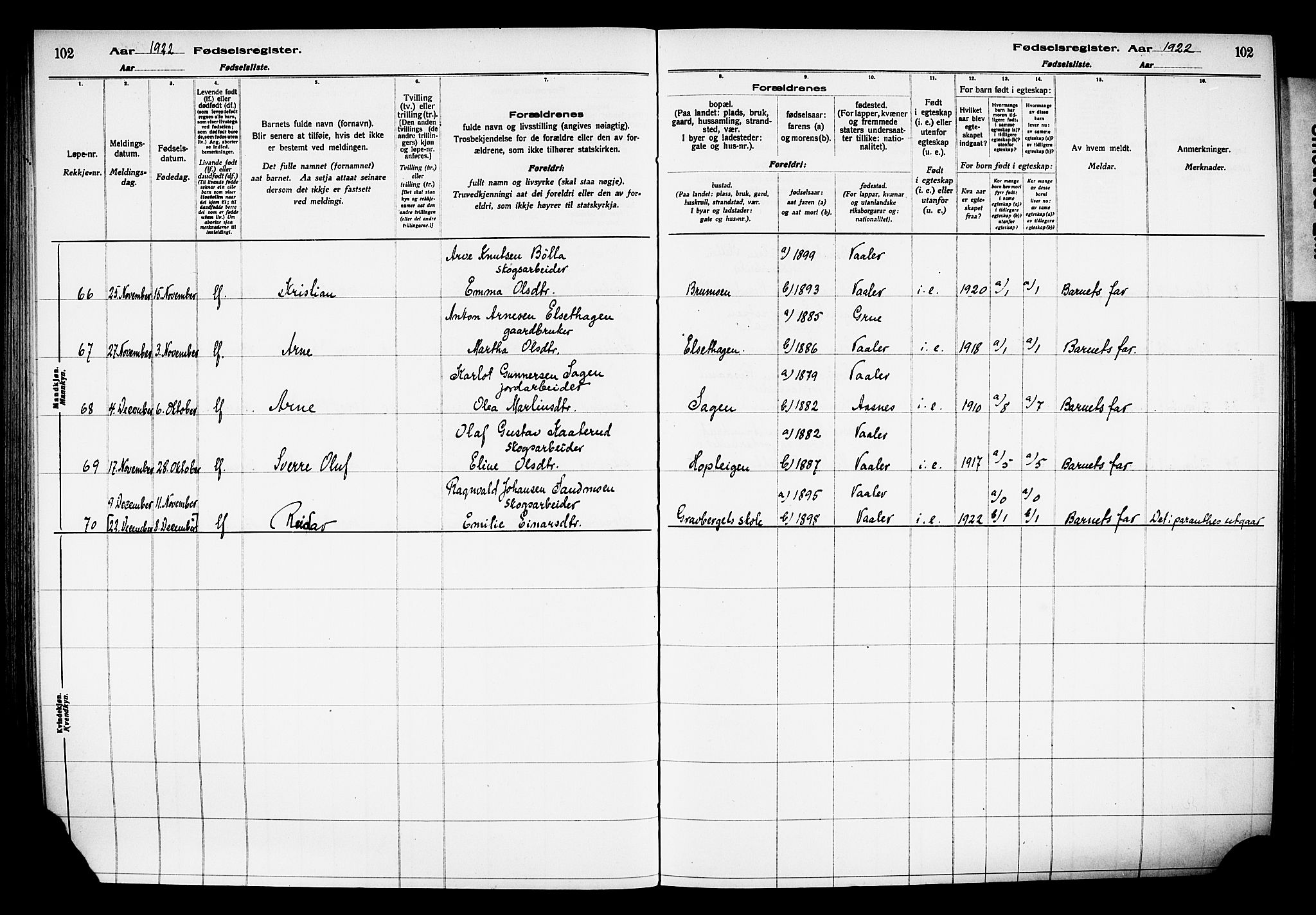 Våler prestekontor, Hedmark, AV/SAH-PREST-040/I/Id/L0001: Fødselsregister nr. 1, 1916-1930, s. 102