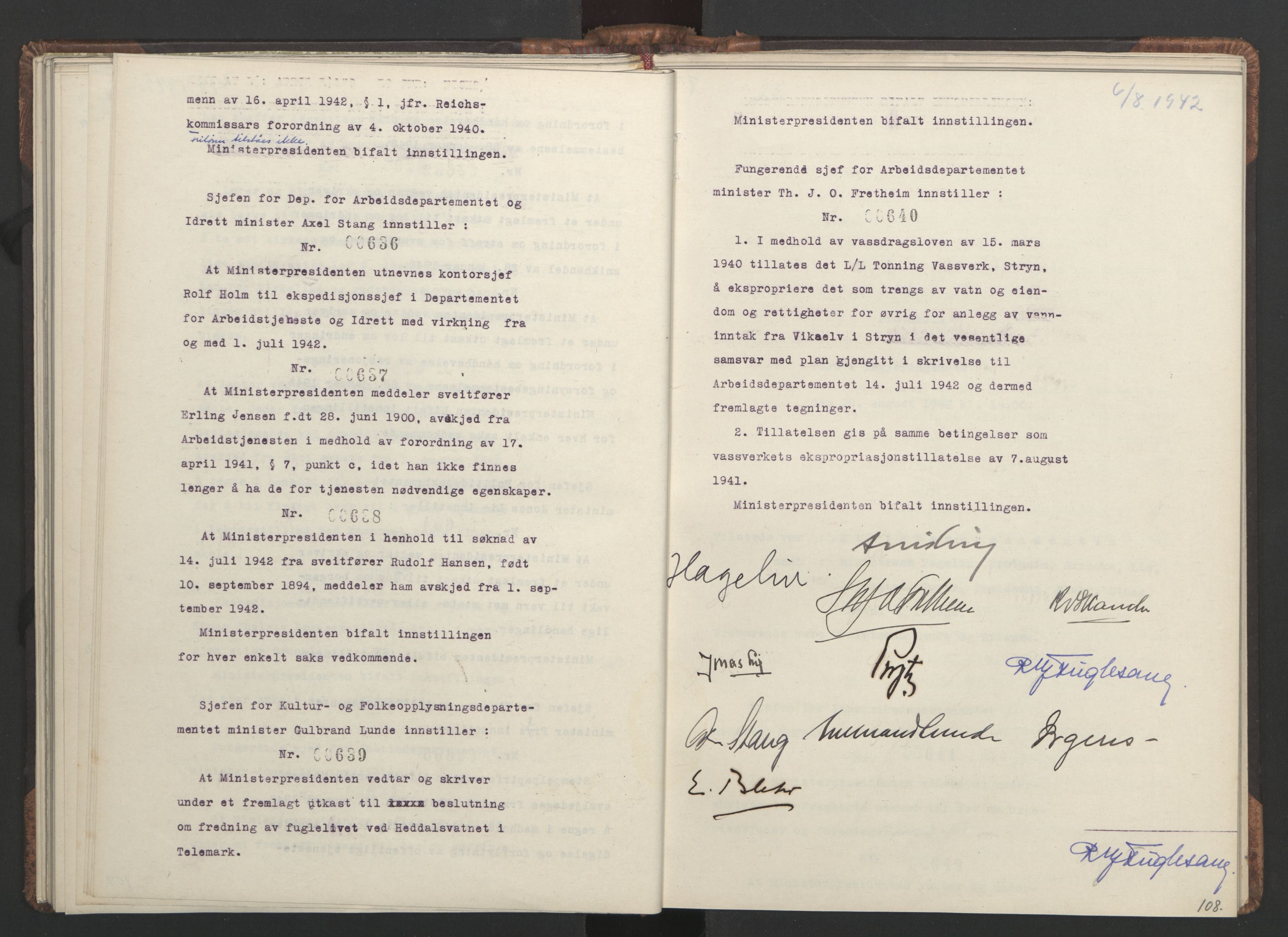 NS-administrasjonen 1940-1945 (Statsrådsekretariatet, de kommisariske statsråder mm), RA/S-4279/D/Da/L0001: Beslutninger og tillegg (1-952 og 1-32), 1942, s. 111