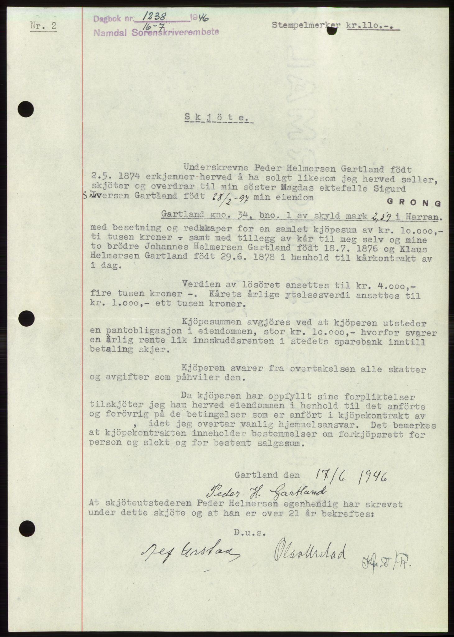 Namdal sorenskriveri, SAT/A-4133/1/2/2C: Pantebok nr. -, 1946-1946, Dagboknr: 1238/1946