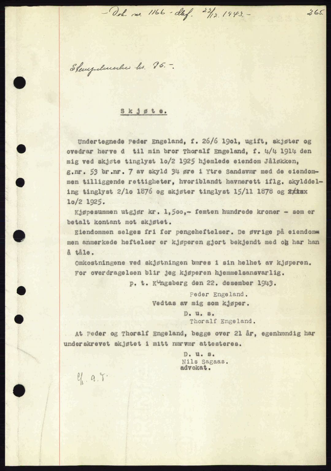 Numedal og Sandsvær sorenskriveri, SAKO/A-128/G/Ga/Gaa/L0055: Pantebok nr. A7, 1943-1944, Dagboknr: 1166/1943